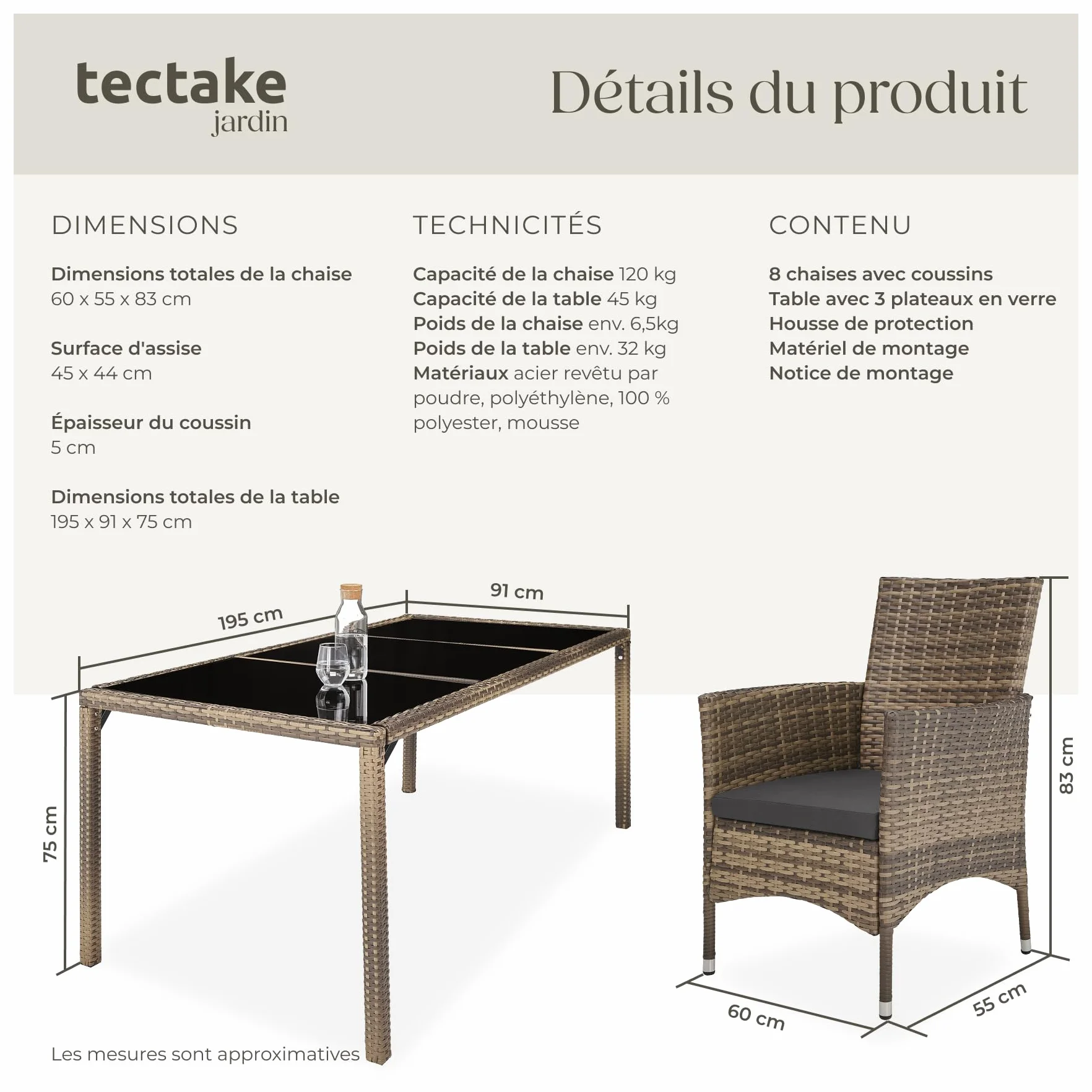 Tectake Salon de Jardin Poly Rotin Table 8 Fauteuils Chaises Housse Protection Marron Naturel Gris Foncé