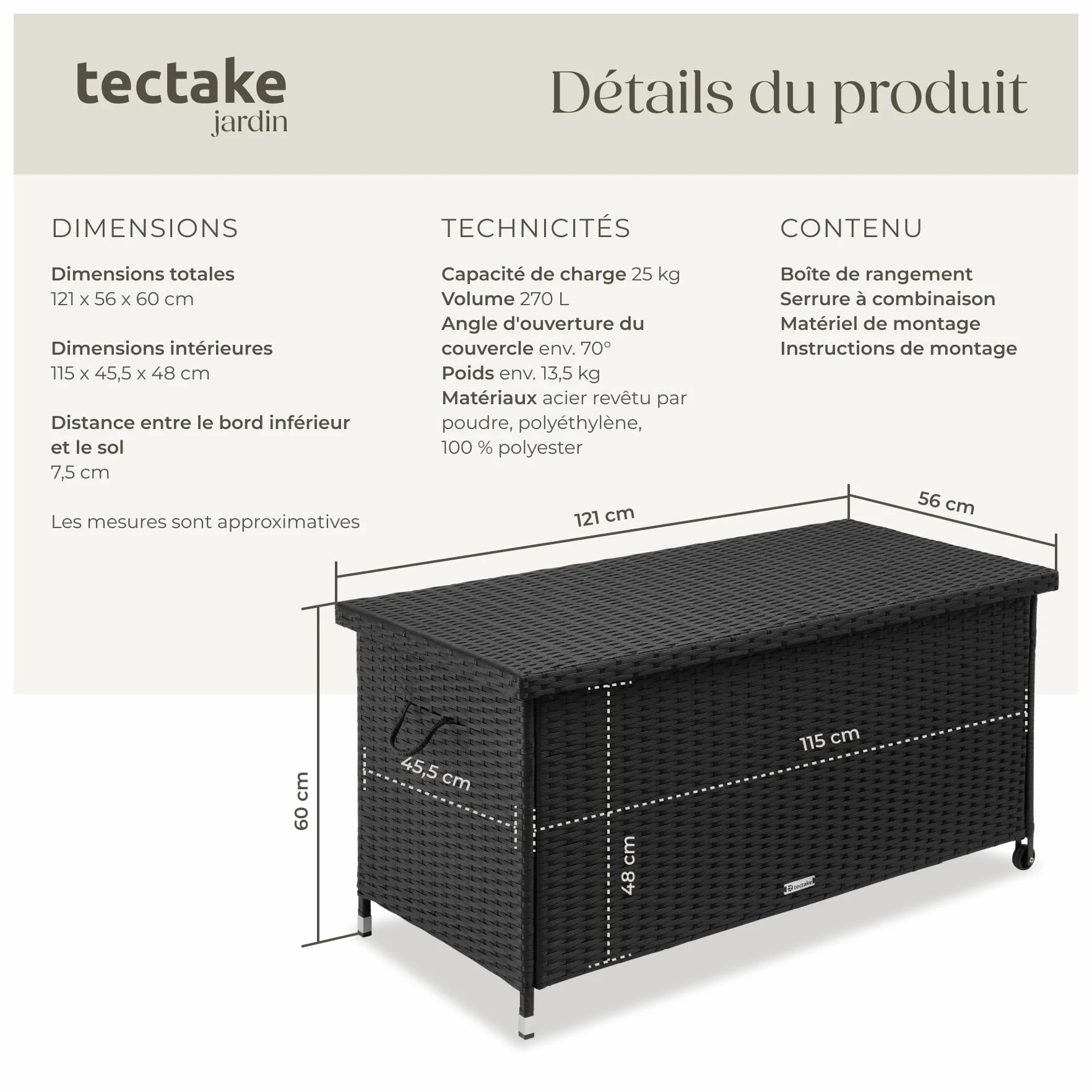 tectake Coffre de Jardin 270L Aspect Rotin 120x55x61.5cm avec Roulettes Couvercle Rabattable