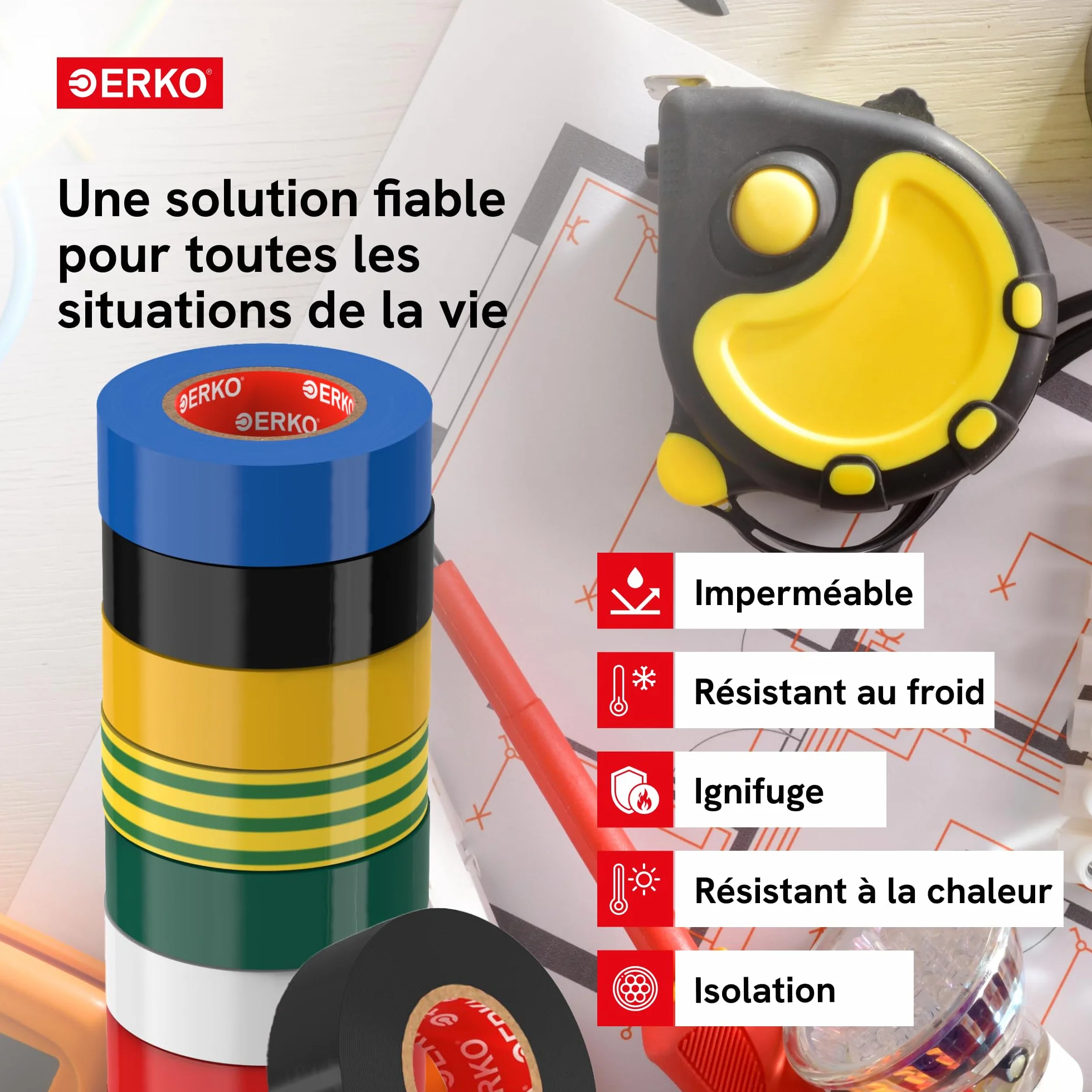 ERKO Ruban adhésif isolant électrique PVC 15mm x 10m 10 pièces Multicolore