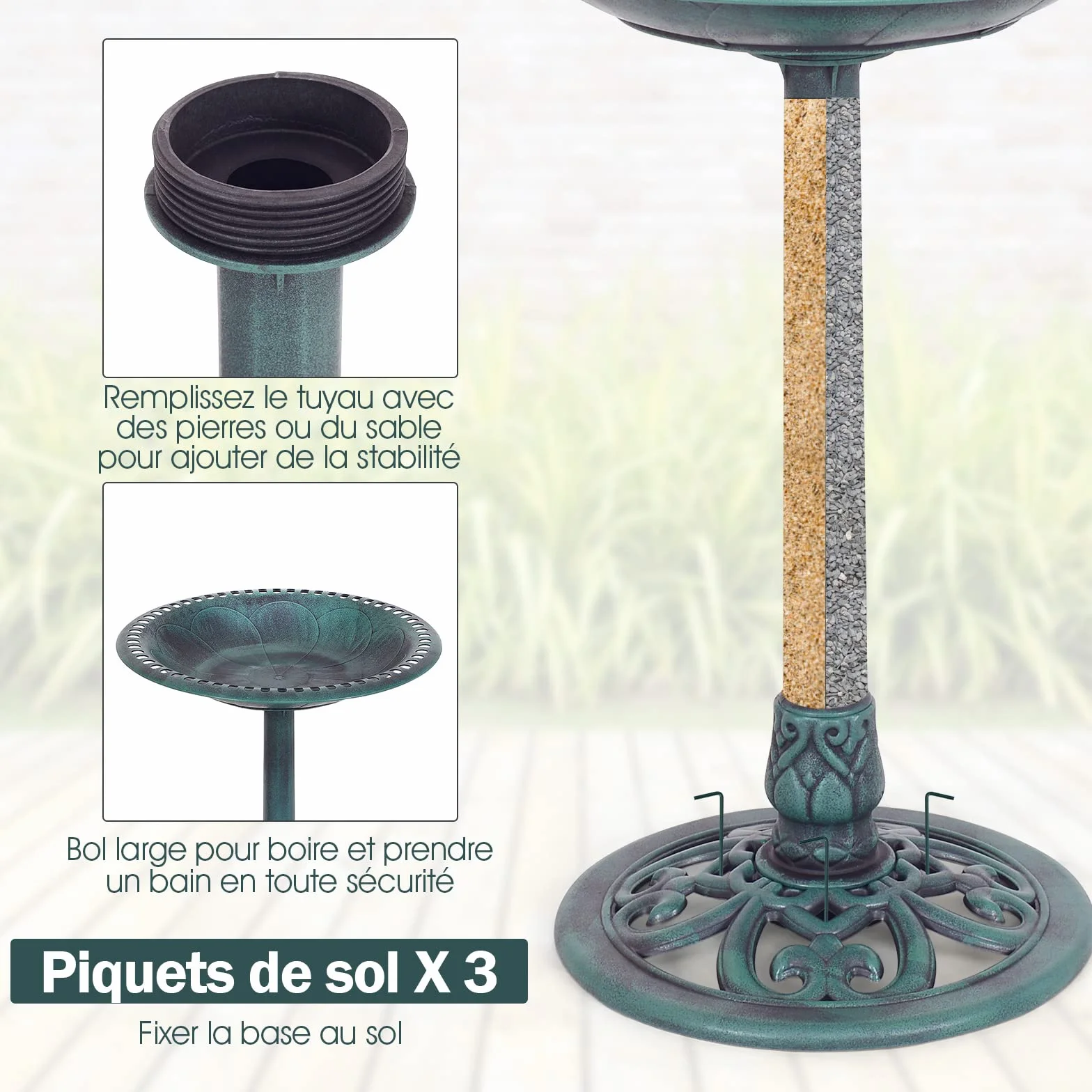 COSTWAY Abreuvoir Oiseaux Extérieur Plateau Dia.50 cm, Mangeoire Oiseaux Hauteur 72CM, Bain d'oiseaux sur Pied, Design Antique (Bronze Vert)
