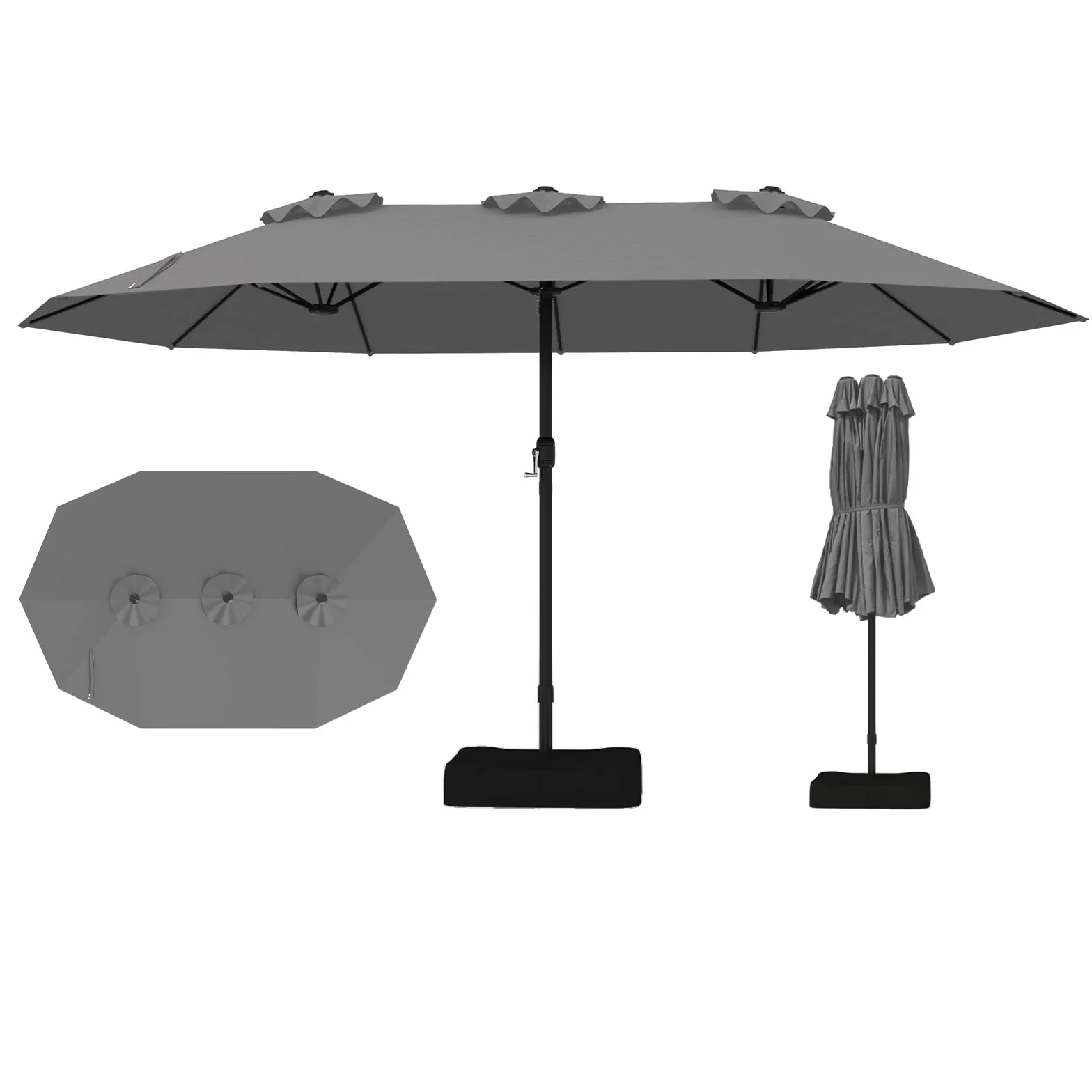 Parasol Double RELAX4LIFE 4,7M avec Pied, Manivelle, 12 Baleines, Base Croix, Protection Solaire Jardin Terrasse Gris