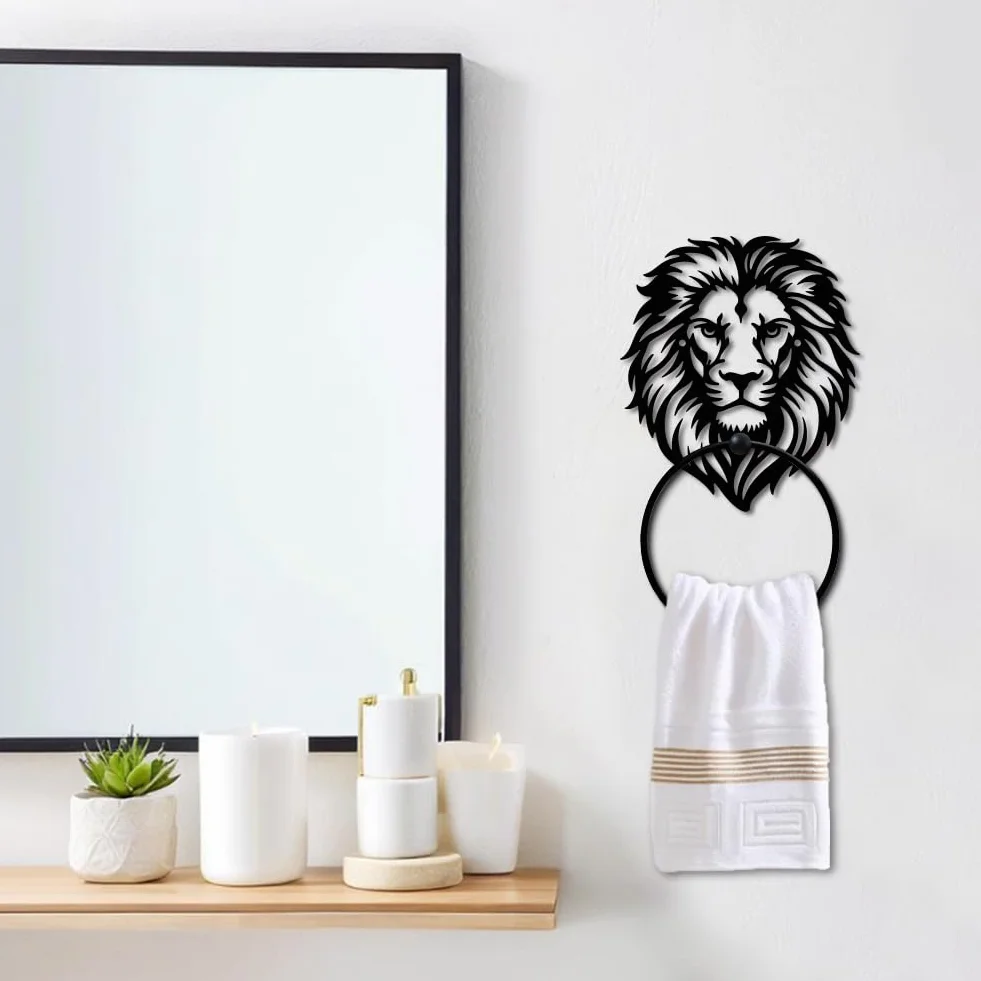 MAYJOYDIY Anneau Porte Serviette en Métal Tête de Lion Noir Motif Animaux Forêt Accessoires Salle de Bain