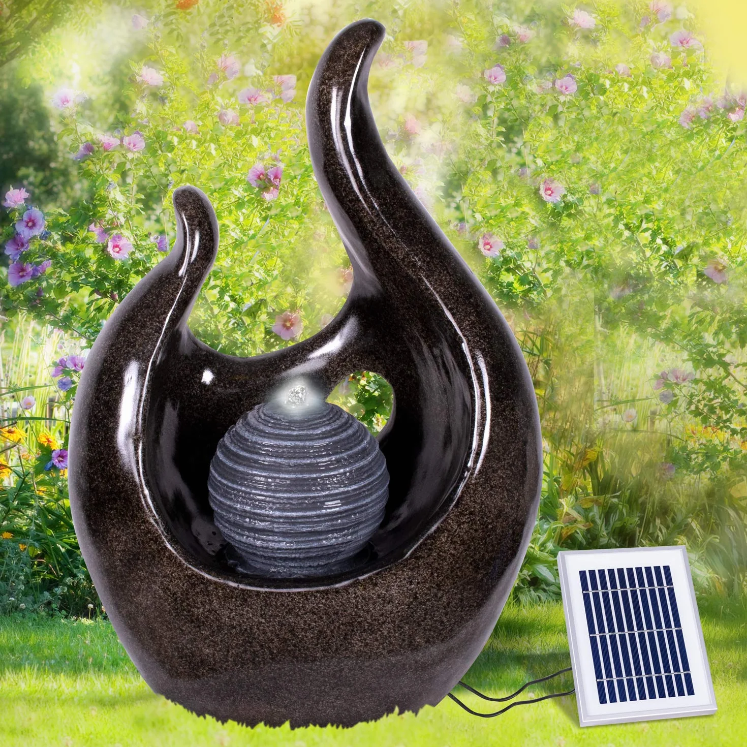 Fontaine de Jardin Solaire avec Batterie Li-ION et Éclairage LED Flamme de l'Amour 71 cm