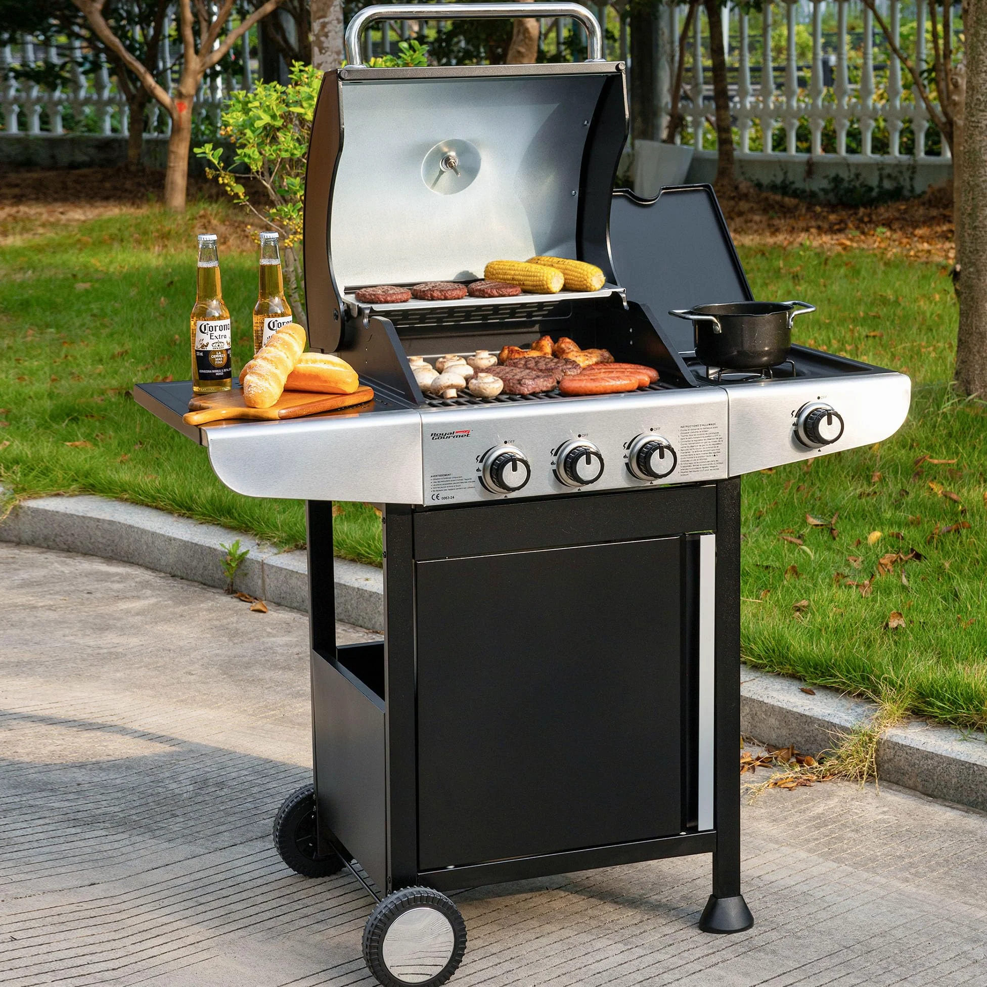 Royal Gourmet Barbecue Gaz à 3 Brûleurs avec Brûleur Latéral, Gril à Gaz sur Chariot de Puissance 11,5 KW avec 2 Grille en Fonte et 2 Tables d’Appoint, Adapté pour Jardin et Extérieure, Argent
