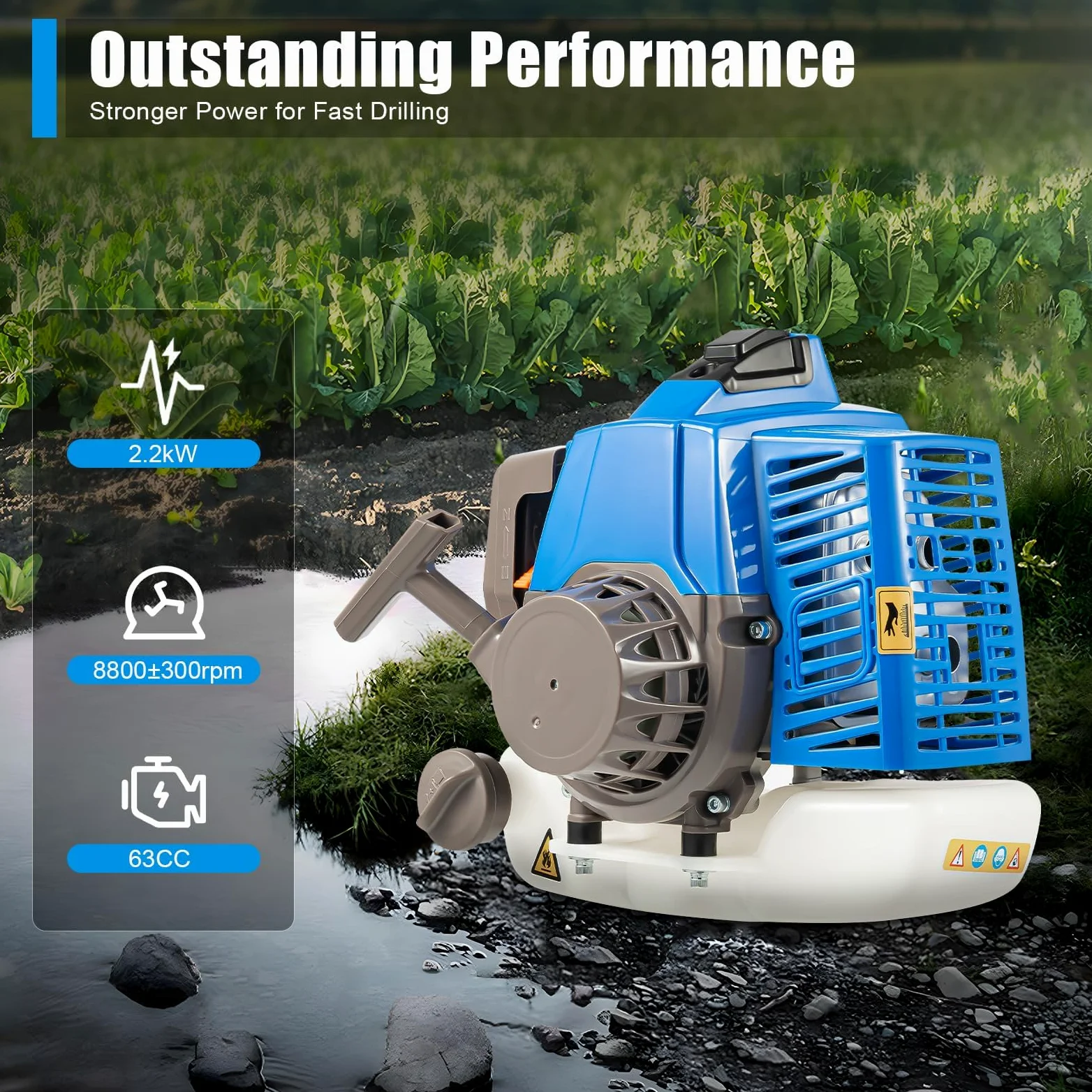 Tarière Thermique 63cc 2 Temps, 2,2kW Tarière à Essence avec Roue, Forage 300mm, Tariere Thermique pour Perceuse de Terre, Outil Creuser Trou pour Agriculture Jardin