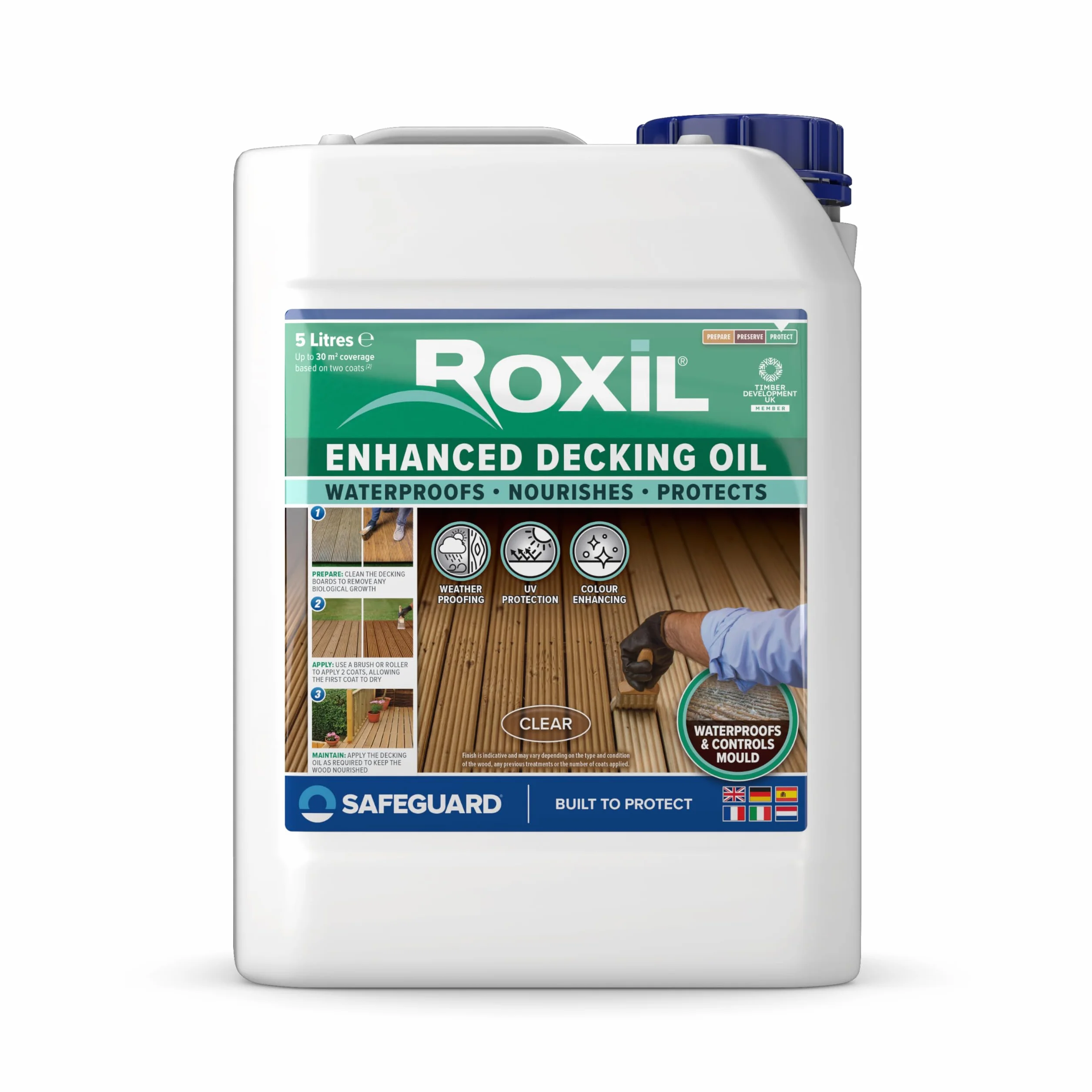 Roxil Saturateur Terrasse Bois Extérieur 5L Huile Protection UV Intempéries Nourrit Protège Bois Rendement 30m²