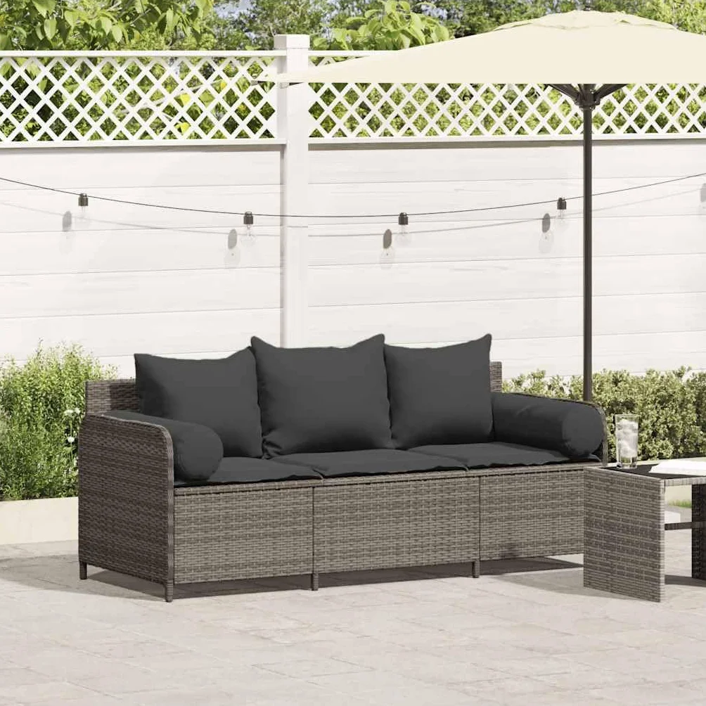 Canapé de jardin avec coussins 3 places gris résine tressée