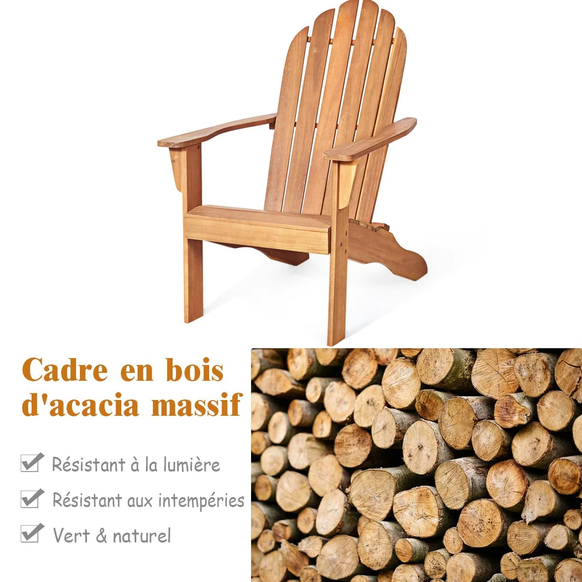 COSTWAY Chaise de Jardin Extérieur Adirondack en Bois Résistant aux Intempéries avec Dossier Incurvé Charge Max. 170KG pour Jardin/Patio/Pelouse et Terrasse