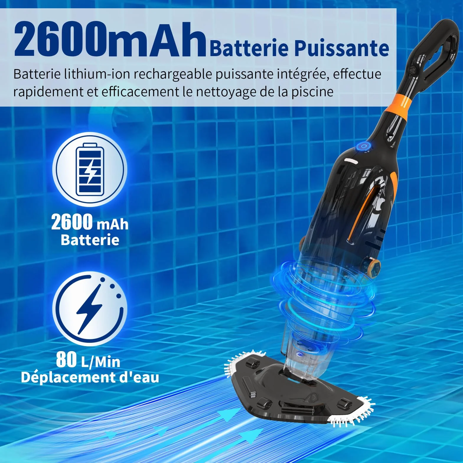 2026 Aspirateur de Piscine à Batterie Rechargeable, Aspirateur à Main sans Fil, 60 Minutes d'Autonomie Nettoyeur Électrique pour Piscine, Jacuzzi, Spa, Noir