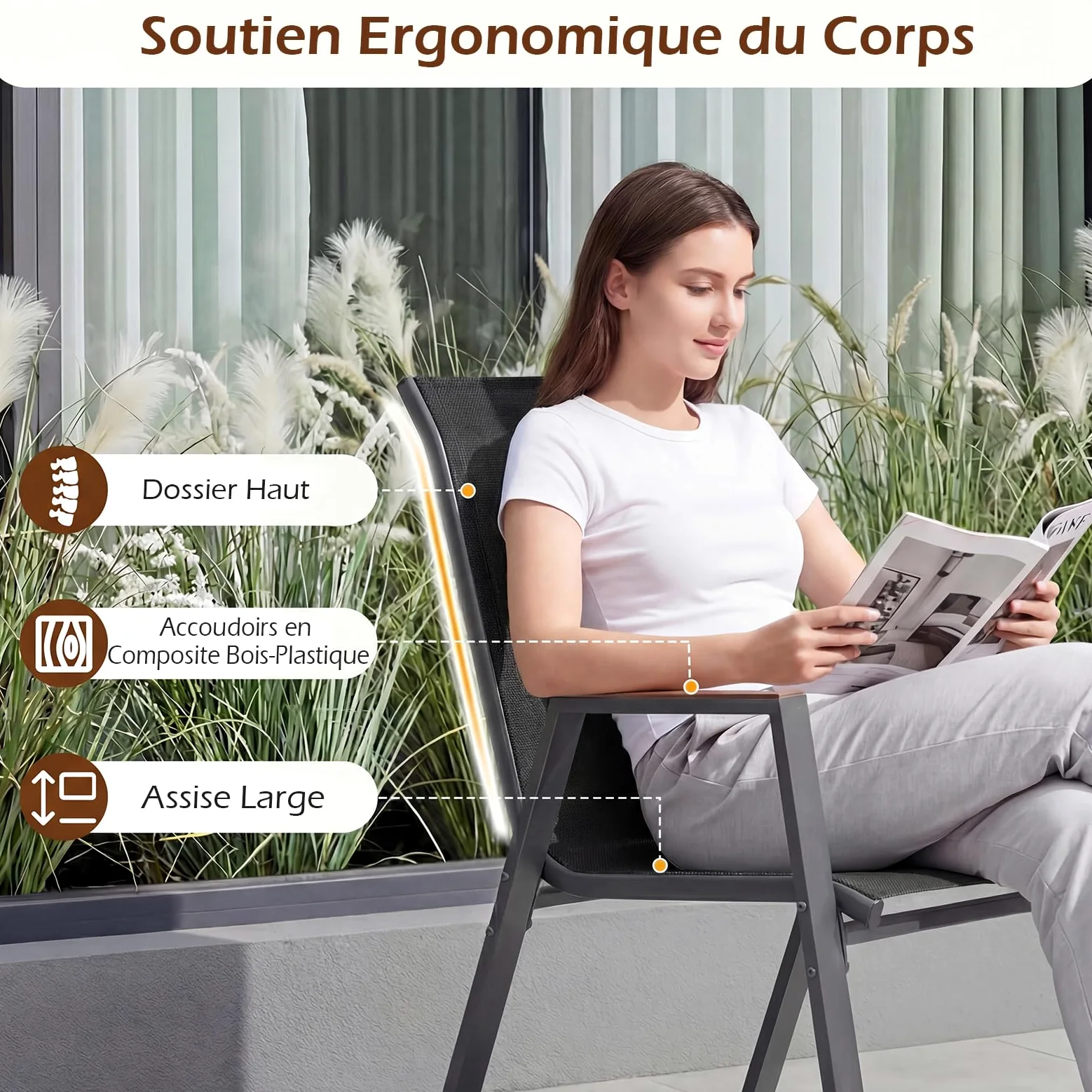 COSTWAY Lot de 2/4 Chaises de Jardin Exterieur, Fauteuils Empilable, Charge 180 kg, Tissu Respirant, Structure en Métal, Chaise Exterieur pour Jardin Cour Balcon, 56 x 66 x 88 cm (Noir,2)