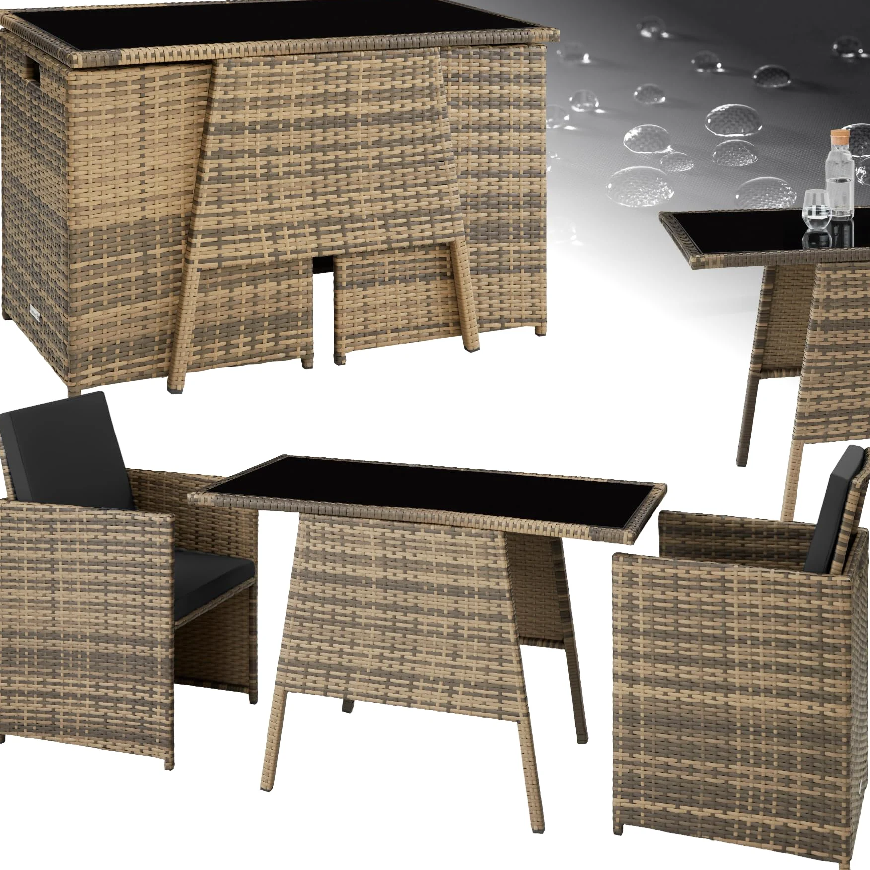 tectake® Ensemble Salon de Jardin encastrable en Poly Rotin 2 Personnes Ensemble Fauteuil Salon et Table de Jardin, Coussins Inclus, Mobilier de Jardin pour Amenagement Balcon Terrasse