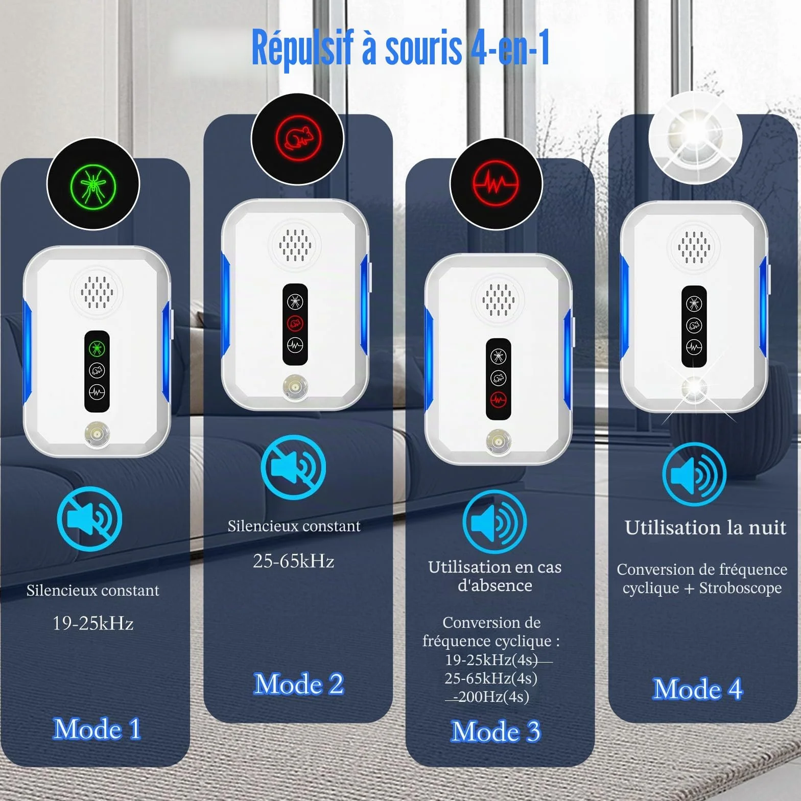 Ultrason Souris et Rats, 4 Pcs Intérieure Repulsif Souris avec 4 Modes Appareil Ultrason pour Nuisible Repousse Rats Moustiques Araignées Mouches Punaises Sûr pour Enfants et Animaux