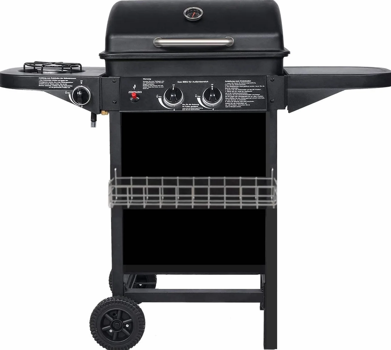 Barbecue à gaz avec 2 brûleurs à gaz compacts, brûleurs latéraux, grilles de barbecue, tables latérales et voiture en acier, 8,7 kW