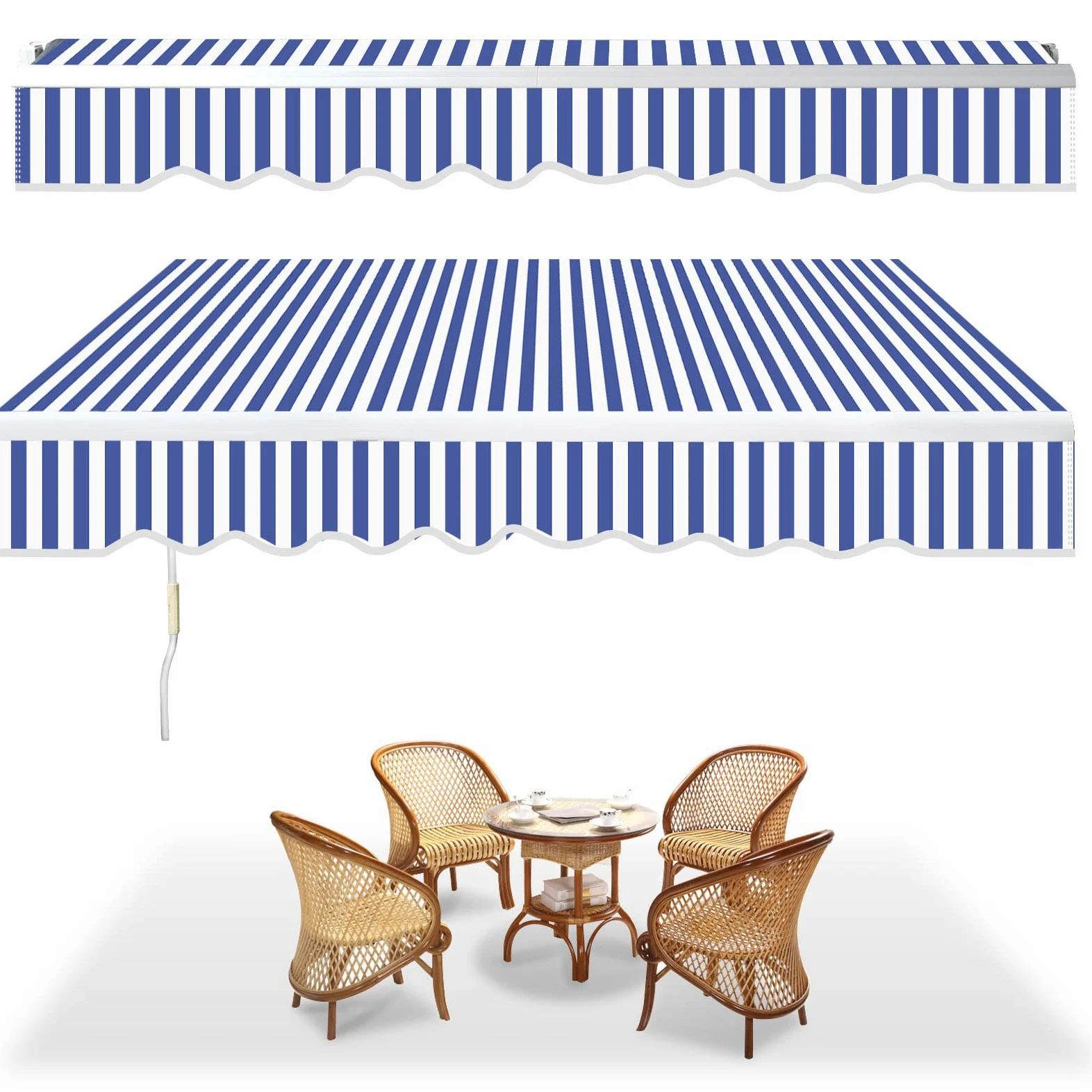 Store Banne Manuel, 350x300cm Bleu-Blanc Store de Terrasse en Aluminium et Polyester avec Manivelle, Auvent Rétractable à Bras Repliable, Angle Réglable 0-30°, Résistant aux UV