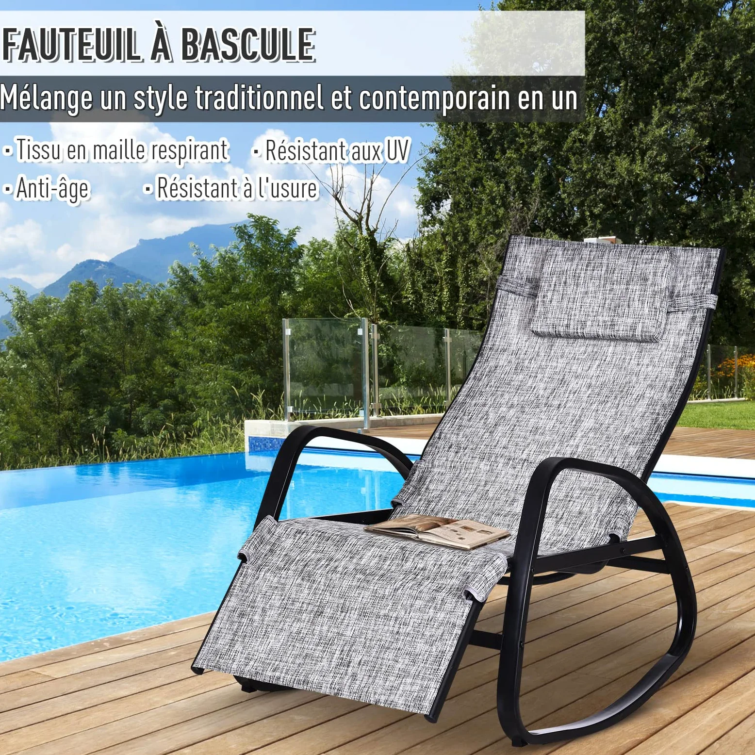 Outsunny Fauteuil à Bascule Dossier inclinable réglable Chaise Longue Pliable dim. 64L x 94l x 108H cm métal époxy Noir textilène Gris chiné