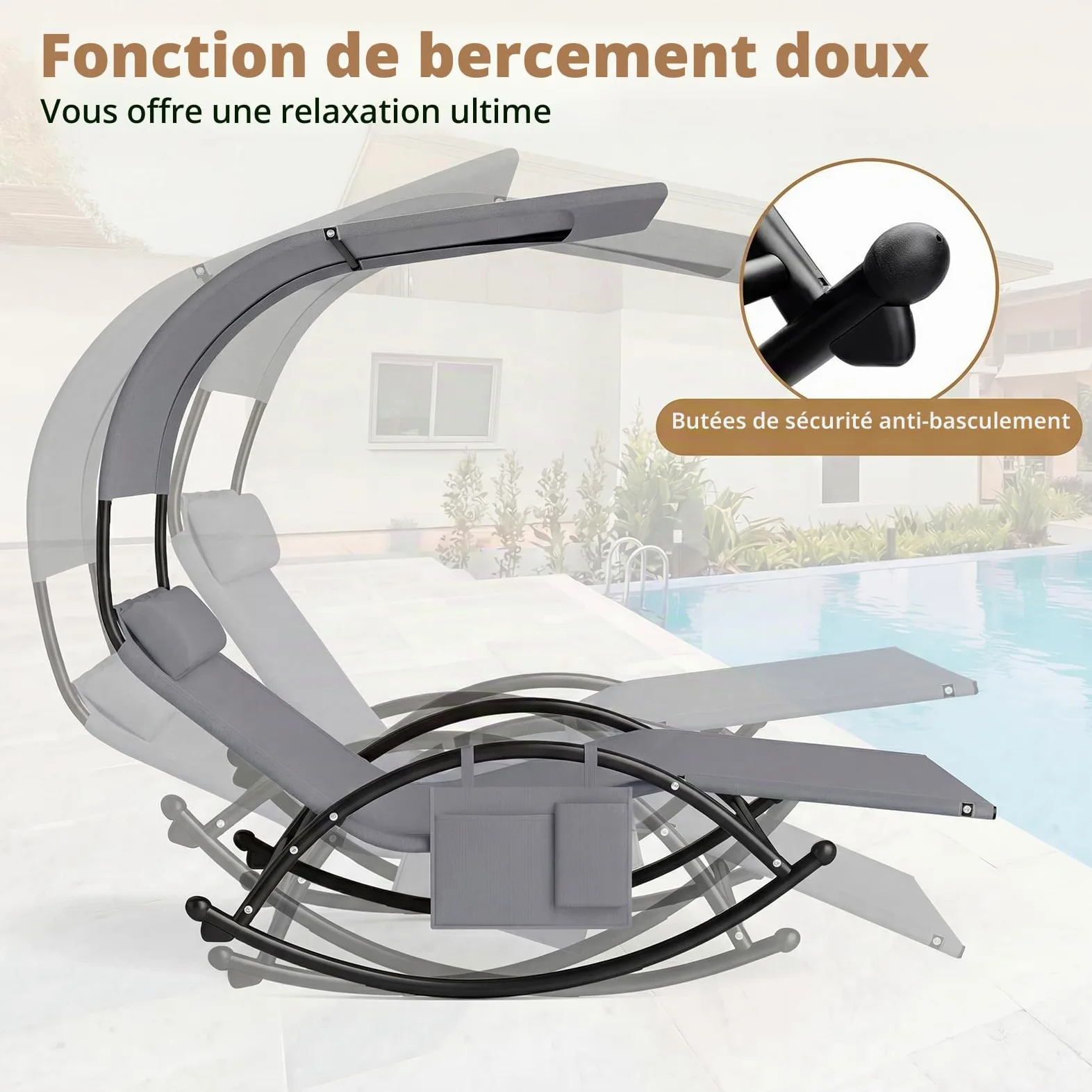 GIANTEX Chaise Longue de Jardin à Bascule pour 2 Personne, Poche Latérale, Transat Double à Bascule, Charge 300 kg, Auvent Pare-Soleil, 2 Oreillers Amovibles, Cadre en Métal, pour Jardin, Balcon, Gris