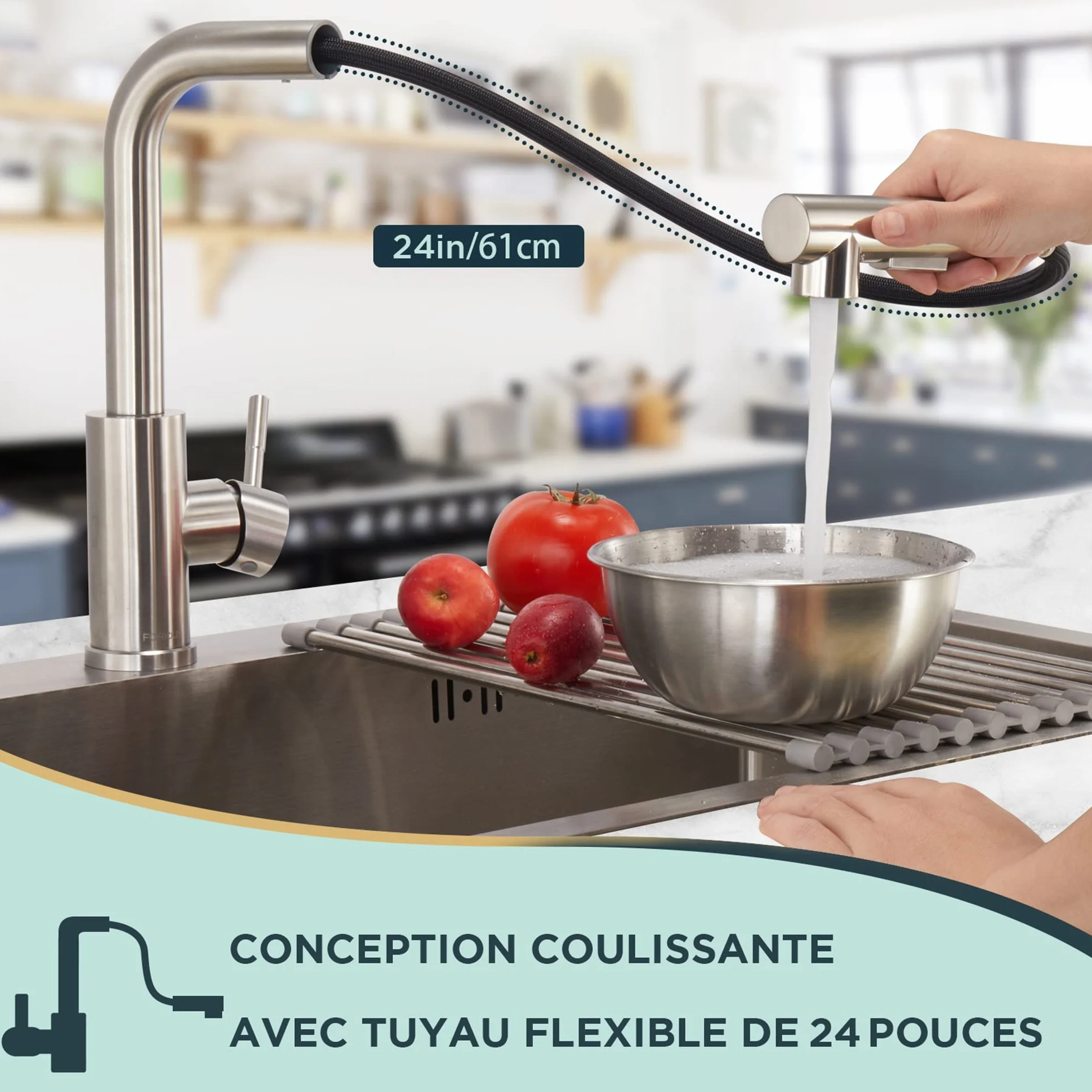 FORIOUS Robinet Cuisine Douchette Extractible 360° Acier Inoxydable 2 Modes Pulvérisation Froid & Chaud