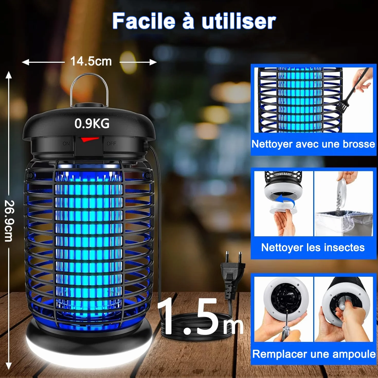 Lampe Anti Moustique LED 4200V 15W UV Tueur d'Insectes Électrique IPX4 80-100m²