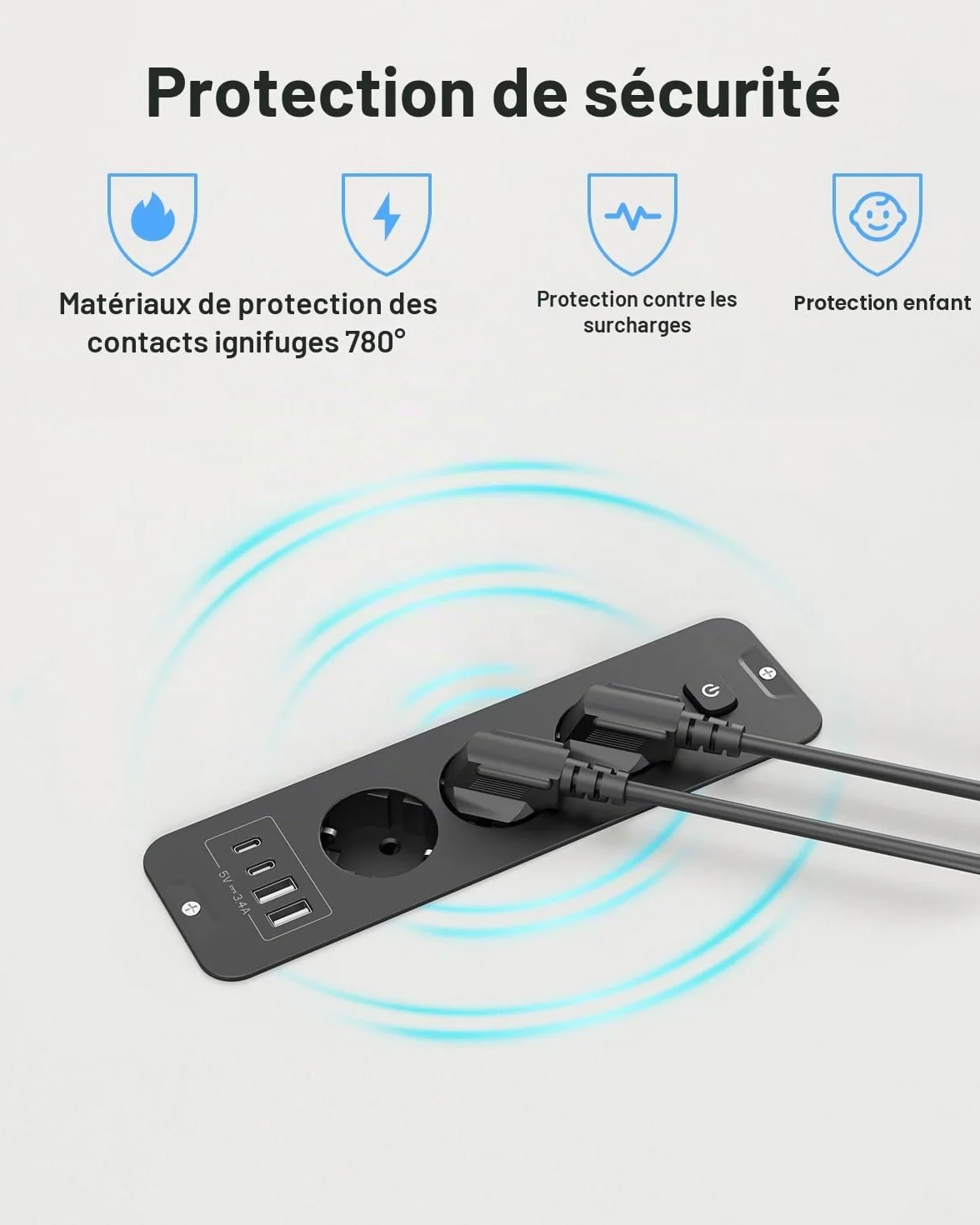 Prise encastrée USB 4 ports USB C PD 20W escamotable pour bureau armoire noir