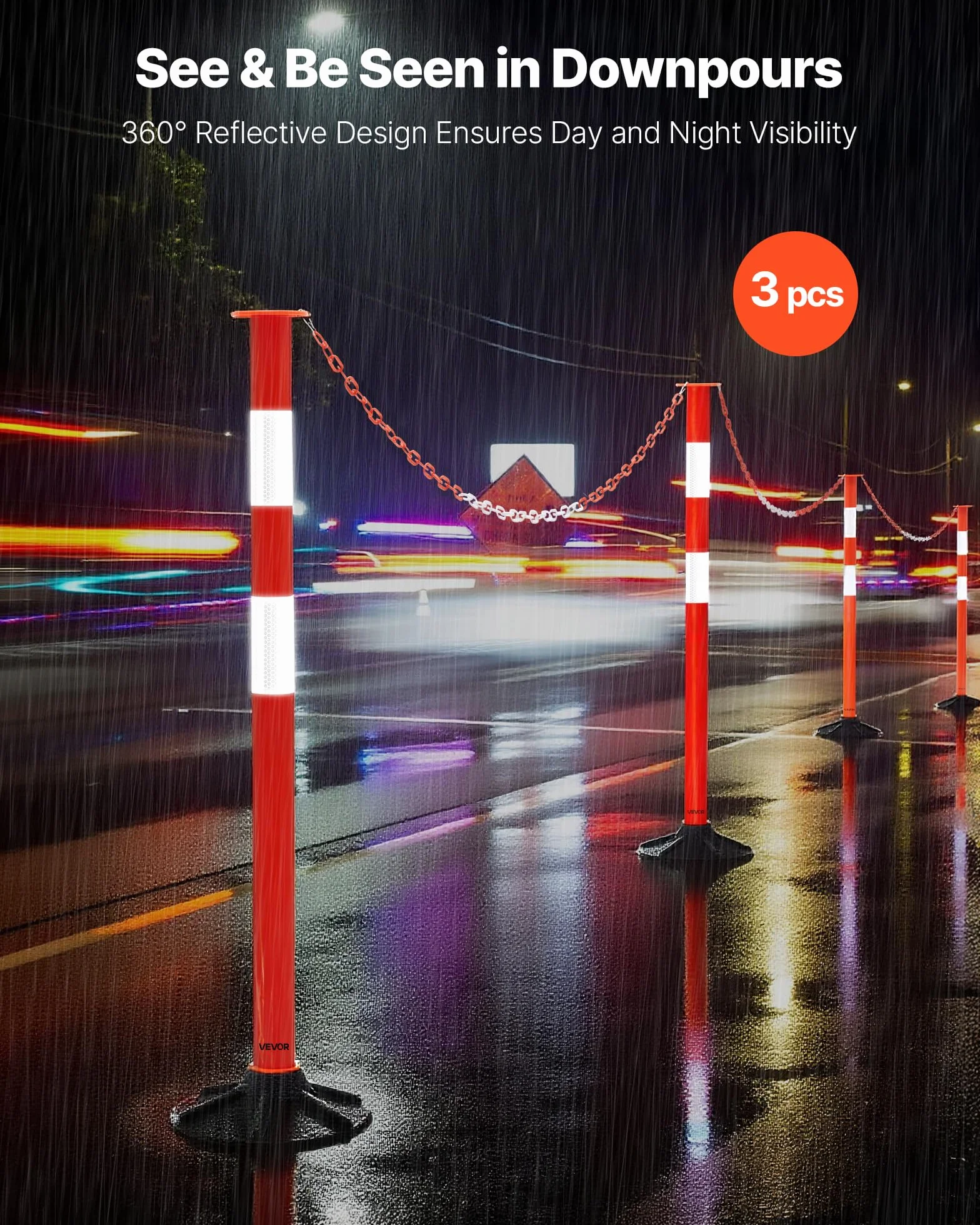 VEVOR Poteau de Signalisation 3PCs 87,1 cm, Balise Délimitation Base Lestée, Bandes Réfléchissantes Chaîne