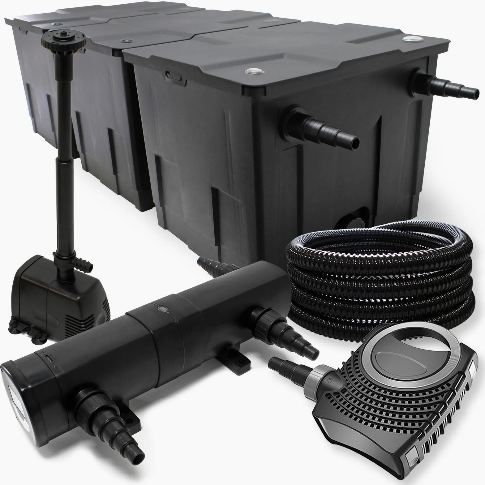 Wiltec Kit complet: CBF-350C Filtre de bassin jusqu'à 90000 L, NEO10000 pompe de filtration 10000l/h 80W, CUV-236 lampe uv 36W, 25m Tuyau 25 mm, HJ-943 fontaine 800l/h 16W