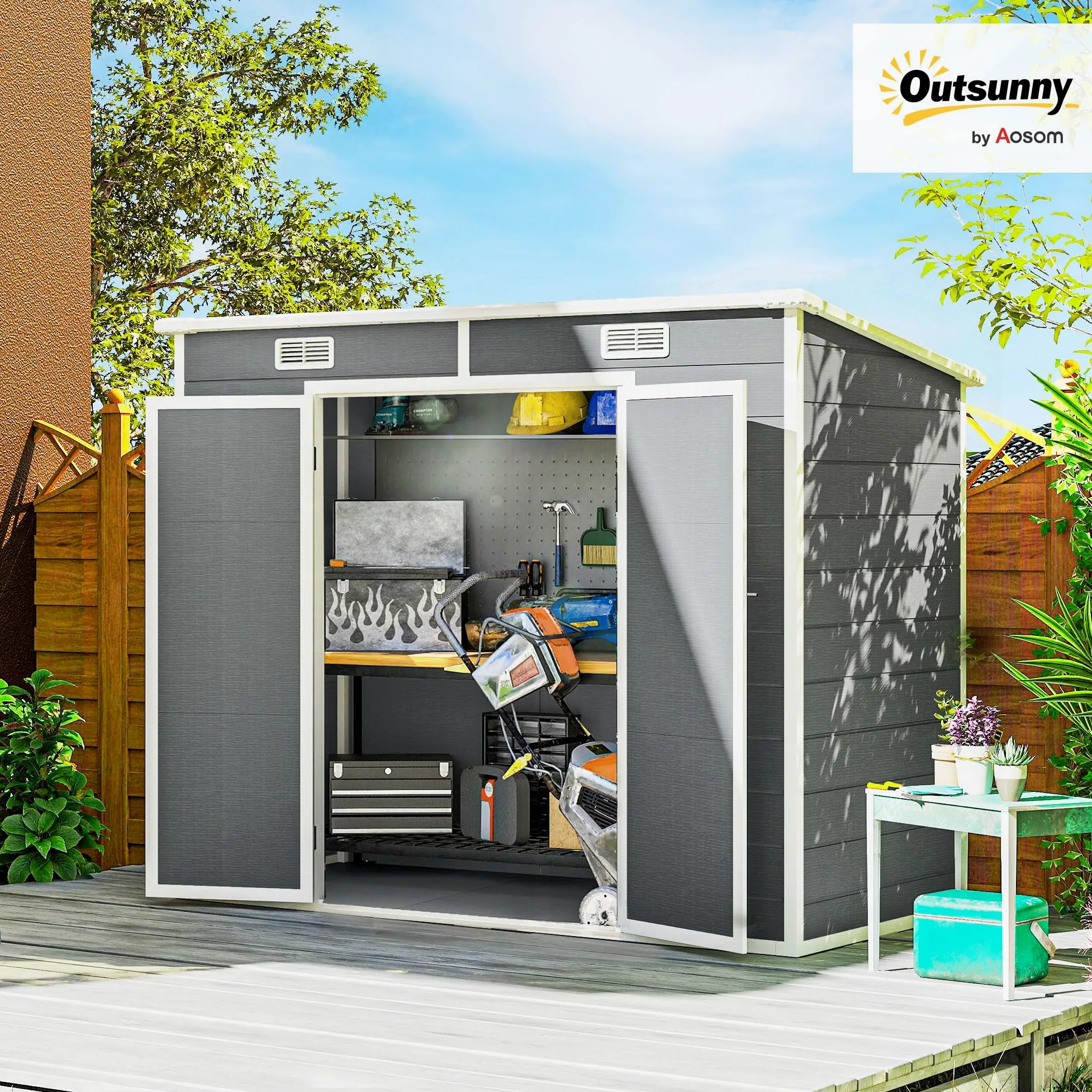 Outsunny Abri de Jardin 2,54 m² cabane de Jardin extérieur 2,4 x 1,3 m cabanon Rangement Outils avec Fondation, fenêtre, Portes verrouillables et 2 aérations, abri à Outils en Aluminium et PP, Gris
