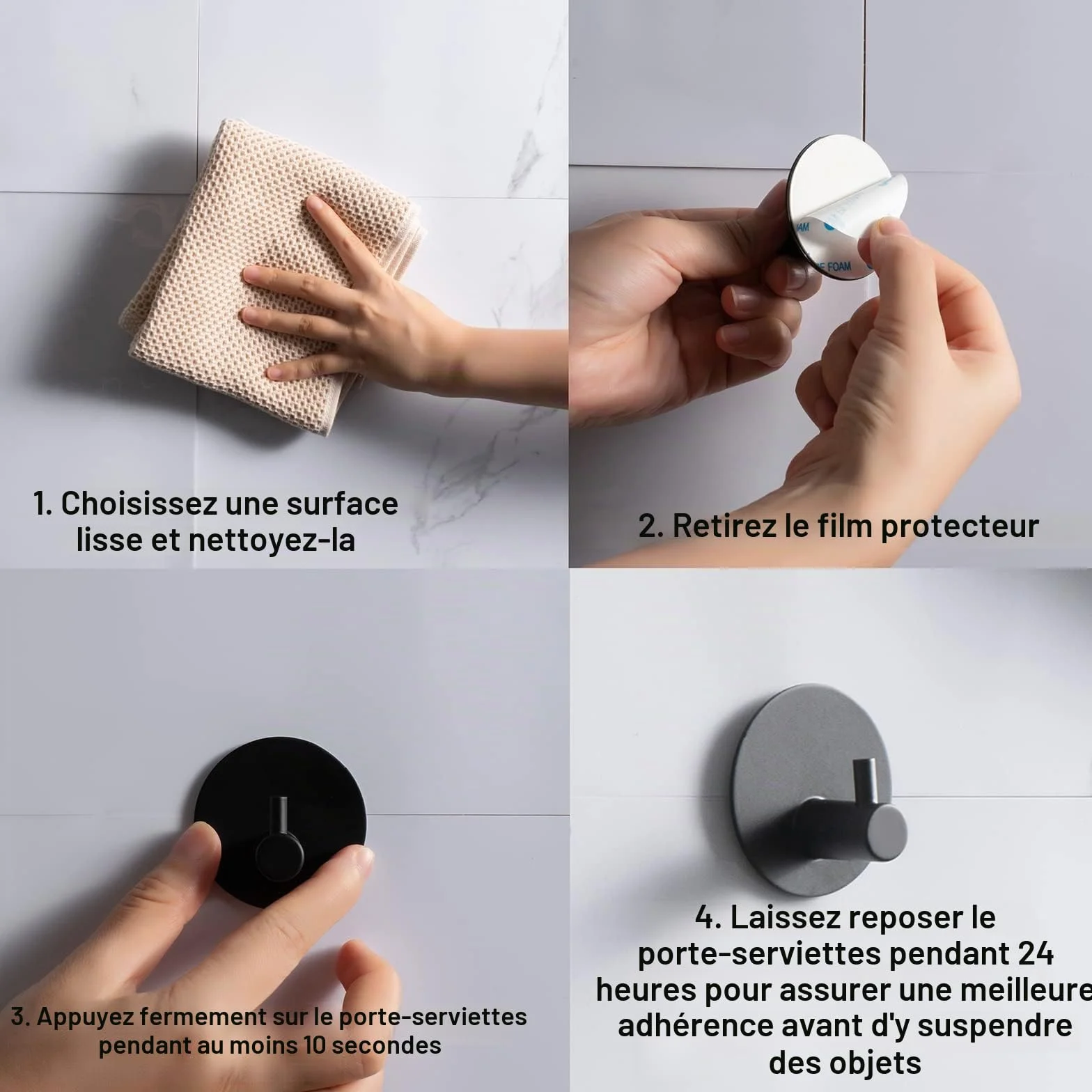 Feligio Crochet Adhésif Mural Noir 4 Pièces, Patère Salle de Bain Acier Inoxydable