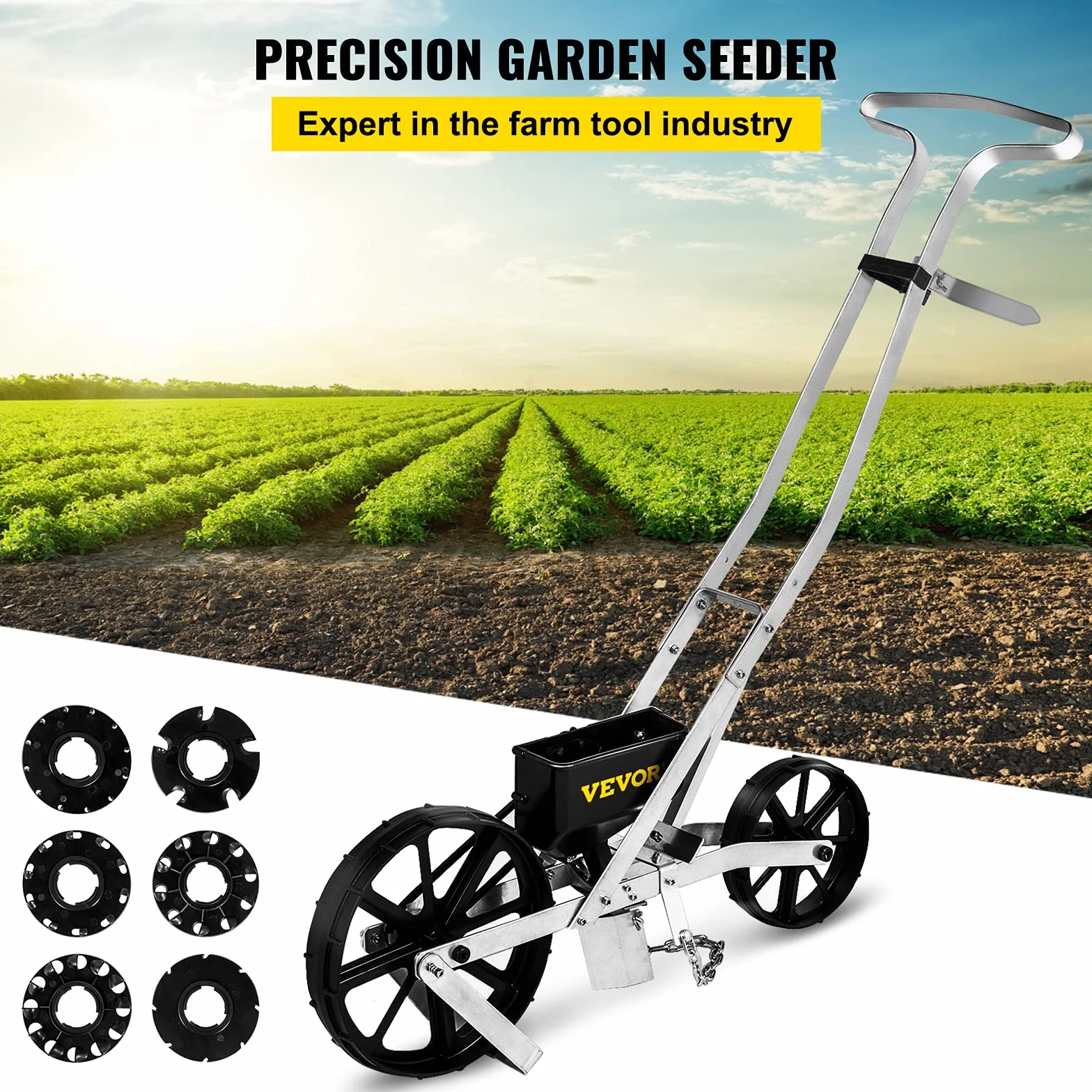 VEVOR Semoir Jardin Manuel Aluminium ABS Épandeur Engrais Gazon 78-84 cm Distributeur Graines Précision Métal 6 Plaques de Semences Roue Avant 6 cm Arrière 5 cm pour Graines Maïs, Radis, Carotte, Pois