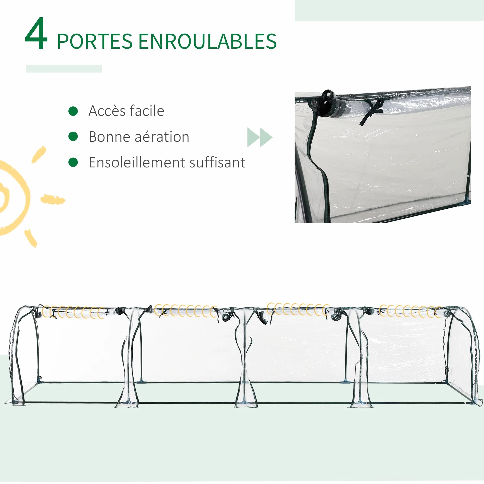 Outsunny Mini Serre de Jardin, Mini Serre Tunnel, Serre à Tomates 3,95L x 1l x 0,8H m, Acier, PVC Haute Densité Anti-UV, 4 Fenêtres avec Zip Enroulables, Vert et Transparent