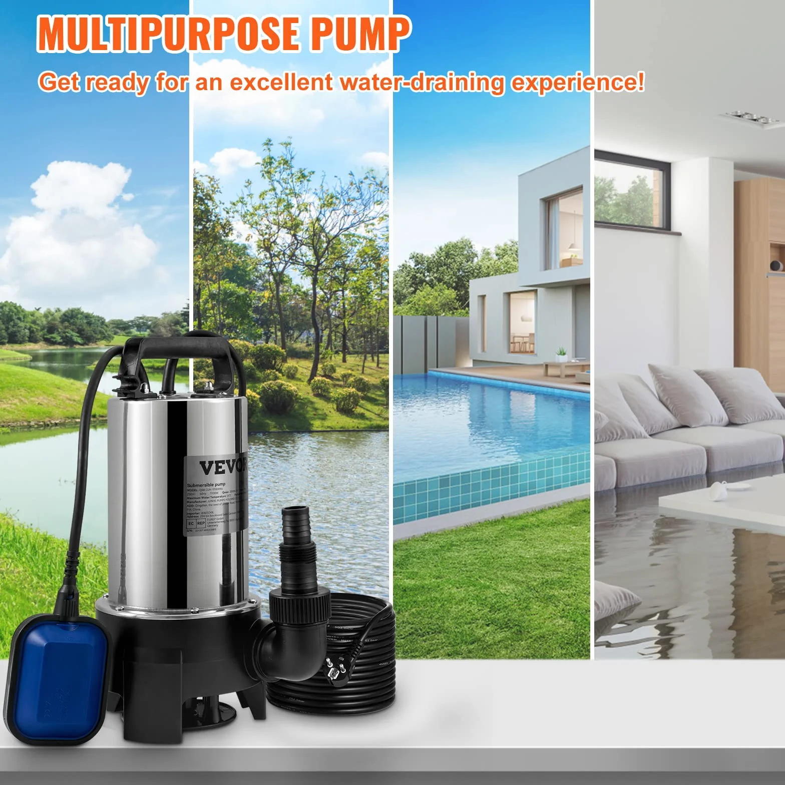 VEVOR Pompe de Relevage Eaux Chargées 1100 W 333,3 L/min Immergée
