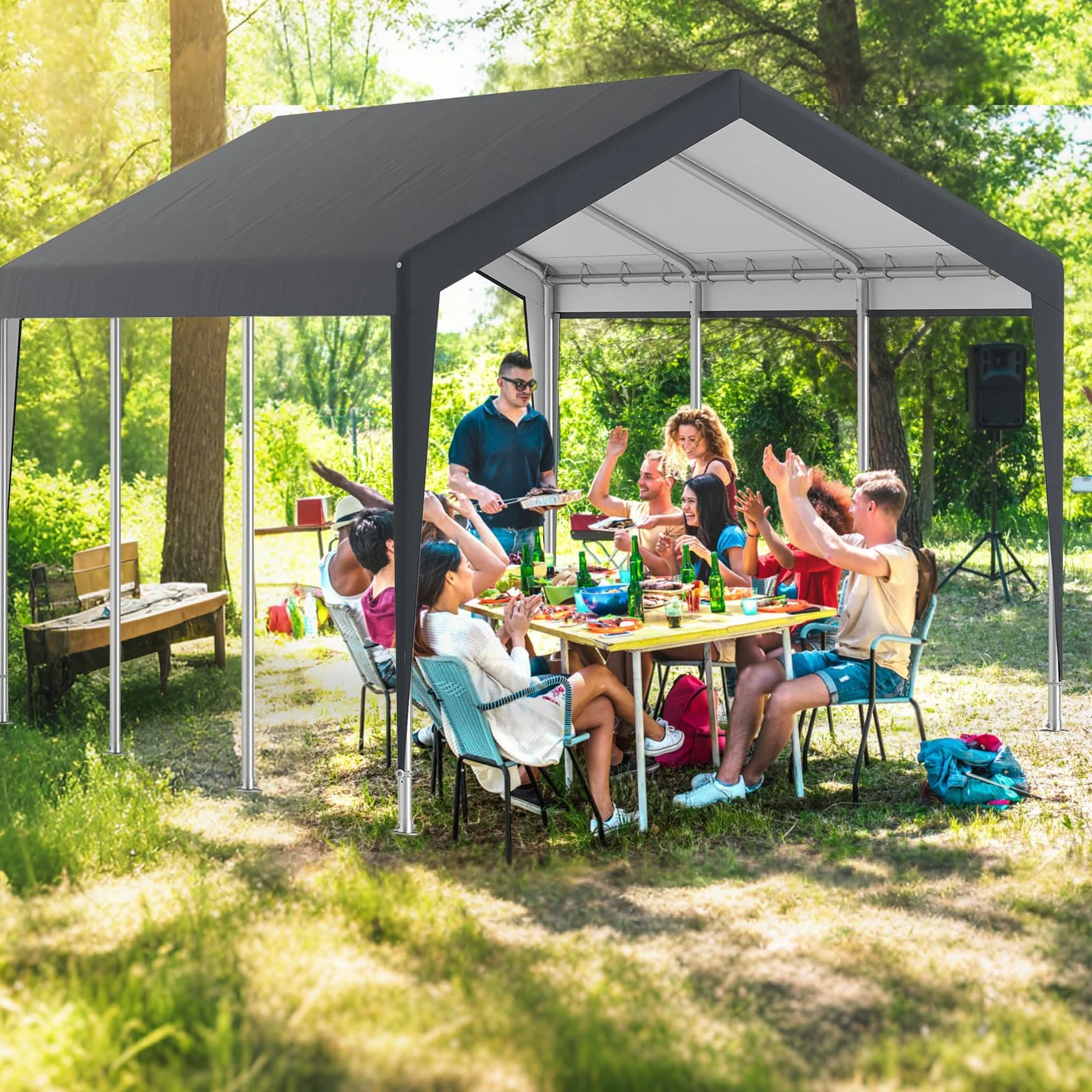 SOARS Carpot Abri Voiture 300 X 595 X 280 CM, Tente Garage, Abri Voiture Extérieur avec Cadre en Métal et Couverture PE Résistante aux intempéries, pour Fête, Voiture, Vélo, Moto, Outils, Gris