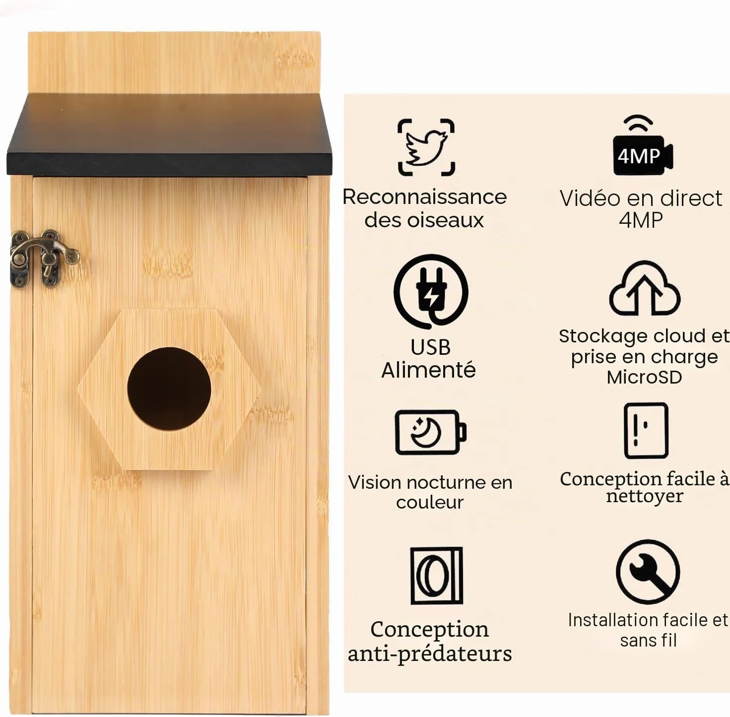 Nichoir à Oiseaux avec Caméra HD 4MP, Nichoir pour Jardin, Résistant aux Intempéries, WiFi 2,4G et Notification d'application, Surveillance de Nidification et d'éclosion, Enregistrement Automatique
