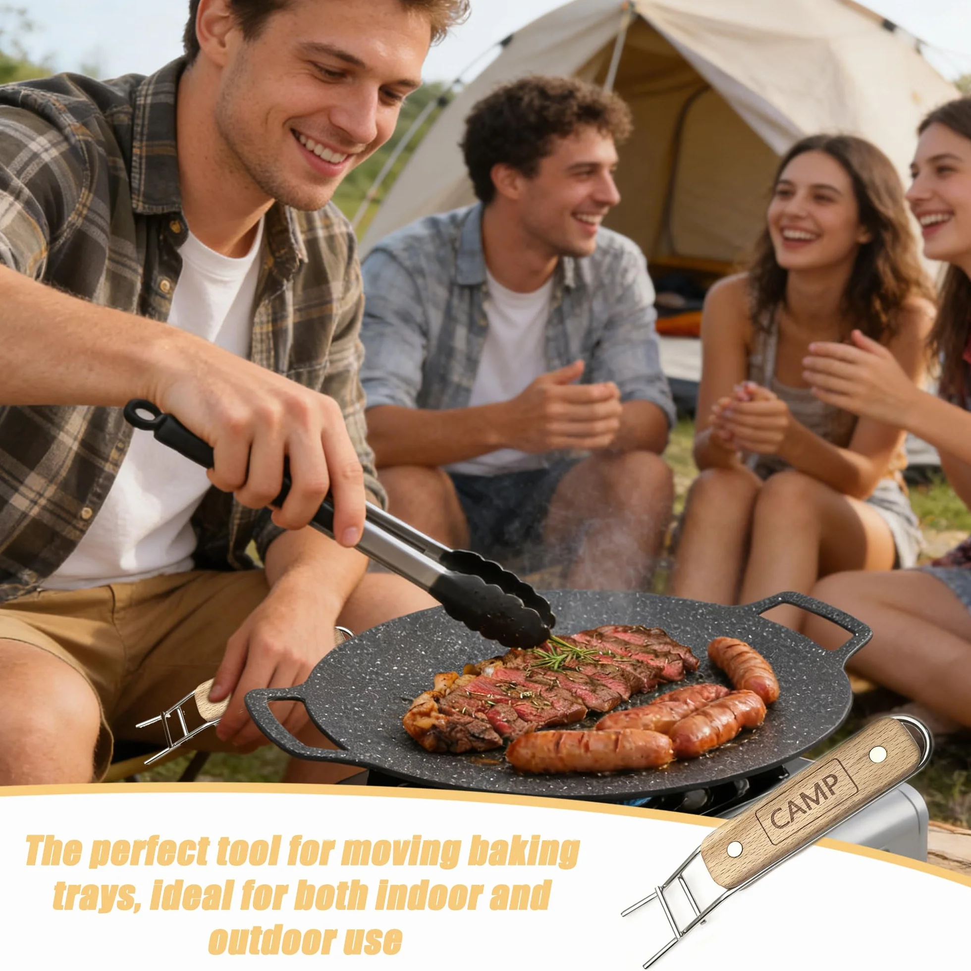 Poignée de Barbecue en Acier Inoxydable avec Lève grille en Bois Holder Anti brûlure avec Poignée en Bois pour Plaque de Barbecue Levier de Grille de Barbecue pour camping en plein air