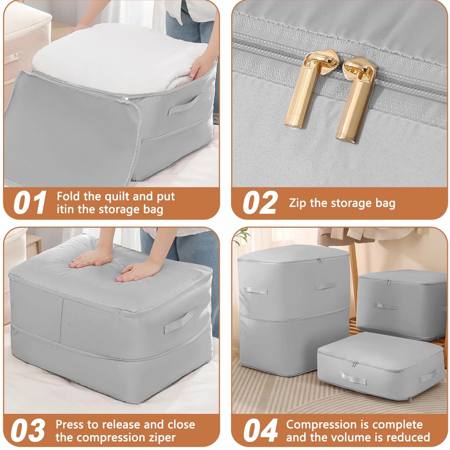 Sac de Rangement Vetement Éclair 120L, Rangement et Organisation des Vêtements, Boîte de Rangement avec Poignée Renforcée, pour Couettes, Oreillers, Vêtements, Literie, Couverture
