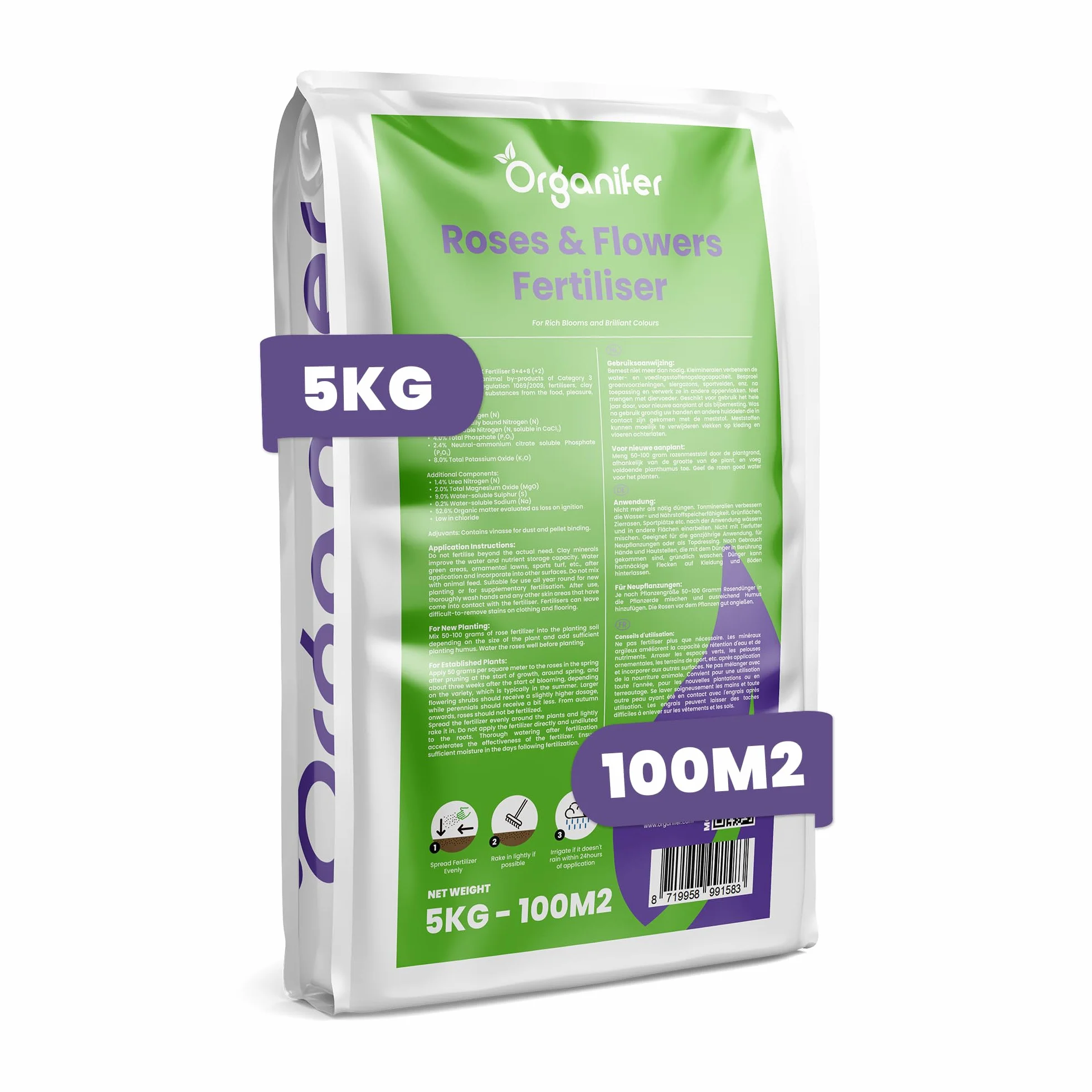 Engrais Pour Rosiers Et Fleurs - Tout-En-Un - 5 Kg Pour 100 M2 - Pour Vivaces Et Plantes À Fleurs - Nutrition Longue Durée, Couleurs Intenses, Racines Fortes Et Floraison Abondante - Organifer