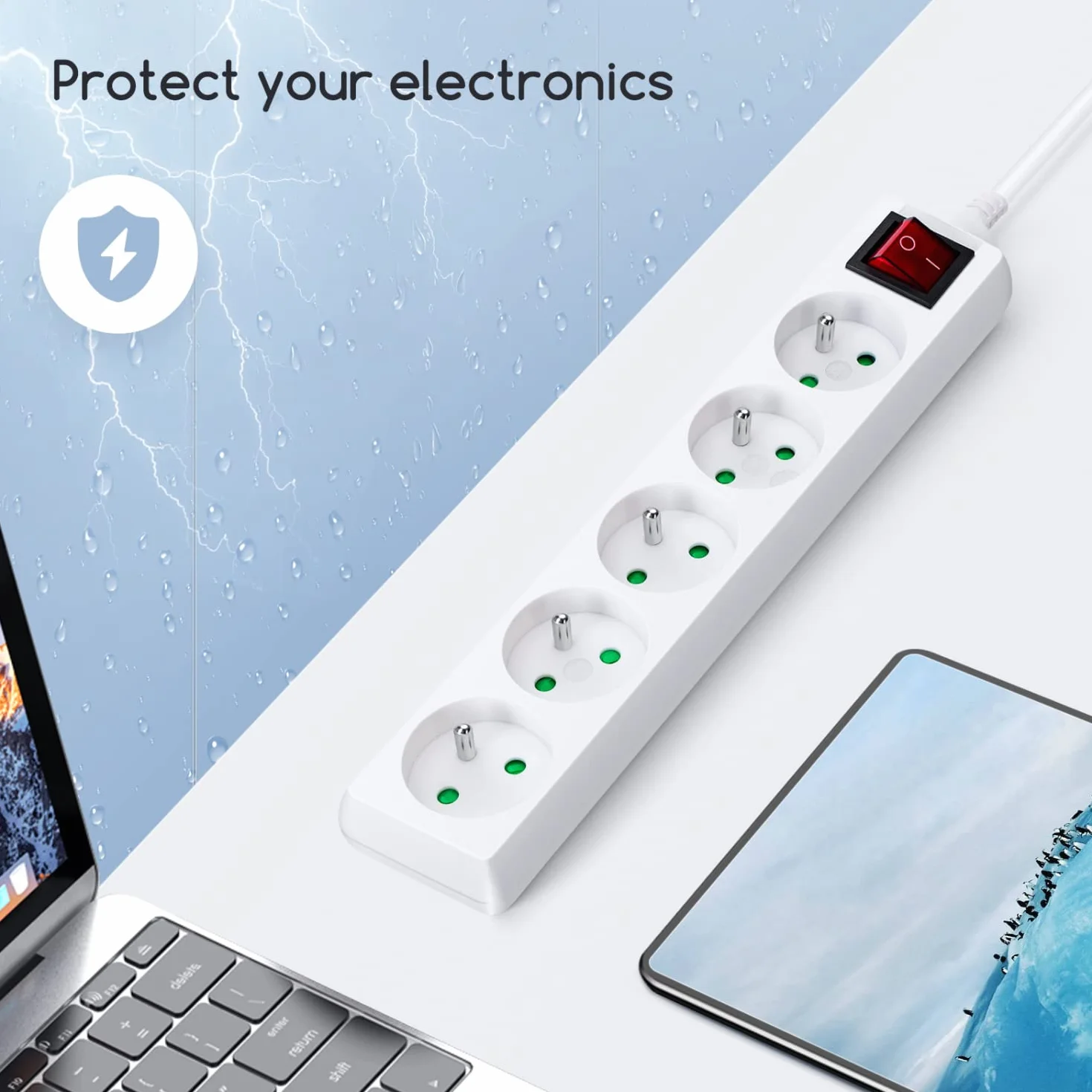 Aigostar Multiprise 5 Prises avec Interrupteur 2P+T 1.5 Mètre 16A 250V Blanc Sécurité Enfant