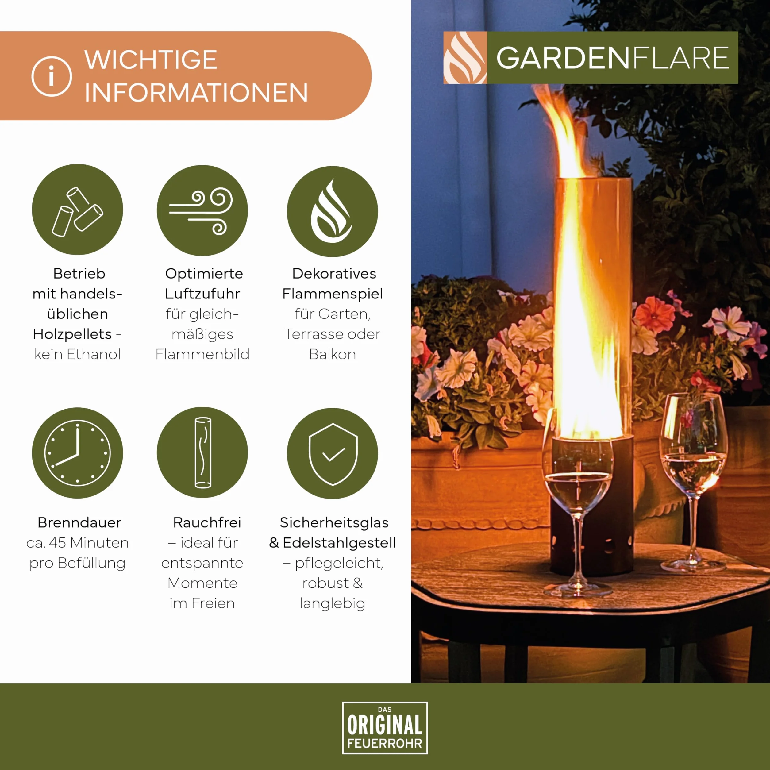 GARDENFLARE Cheminée de table d'extérieur en acier inoxydable sans fumée et tuyau de cheminée pour balcon et terrasse, décoration de jardin, lanterne avec fonctionnement à granulés de bois (noir)