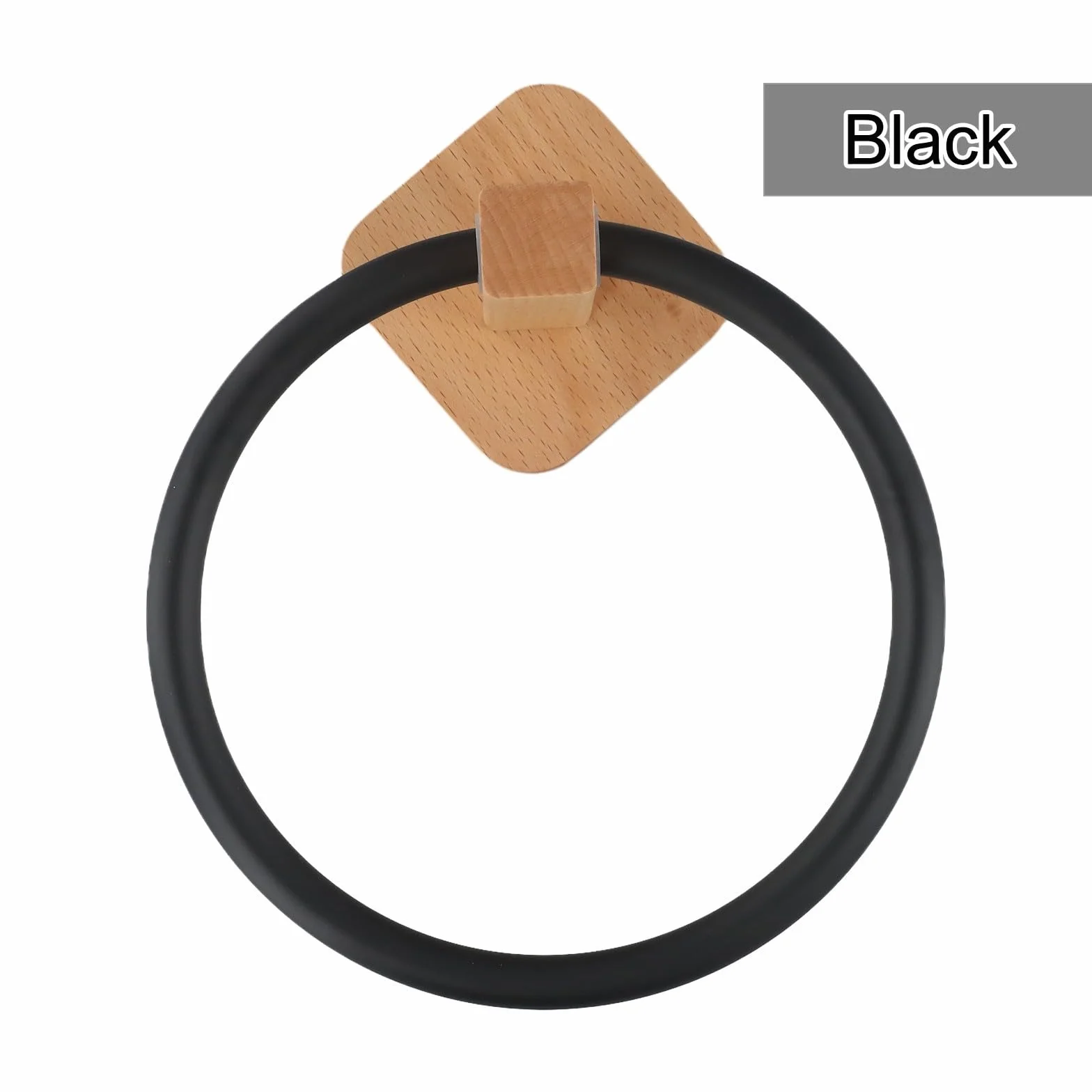 Porte-serviettes mural moderne en bois massif, design sans perçage avec barre en aluminium noir mat, organisateur d'anneau de serviette de salle de bain peu encombrant (noir hêtre)