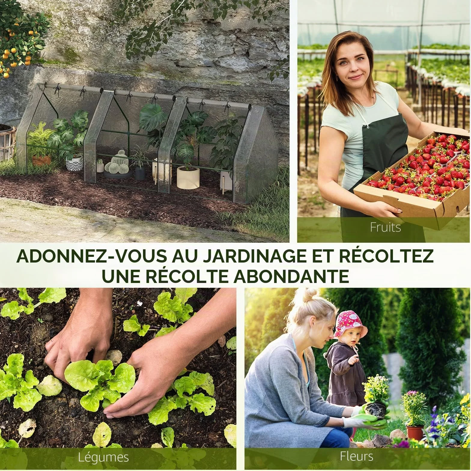 Outsunny Mini Serre de Jardin Mini Serre Tunnel 270L x 90l x 90H cm Toit Pointu Acier PE Haute densité 140 g/m² Anti-UV fenêtres avec Zip enroulables Blanc