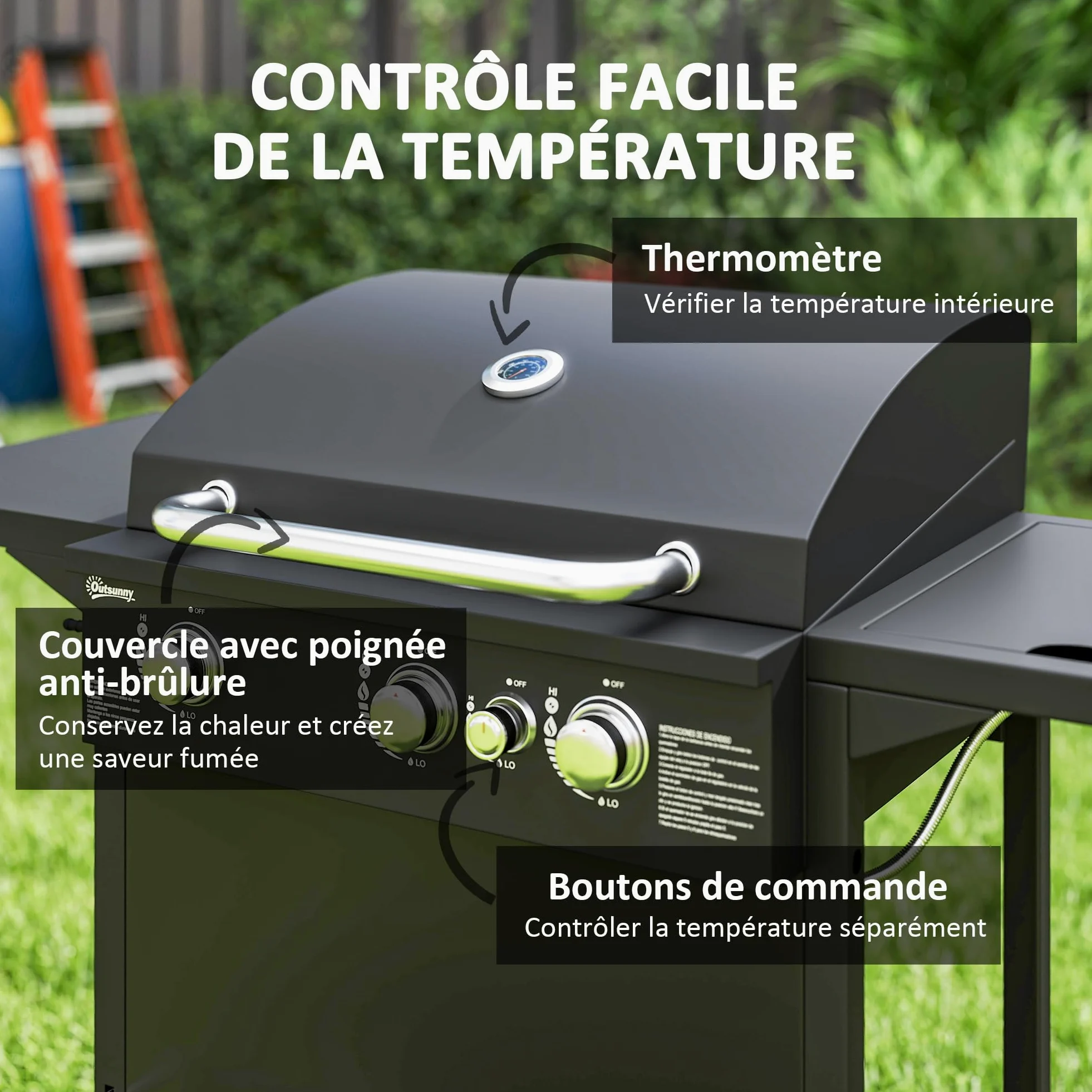 Outsunny Barbecue gaz 3+1 brûleurs en acier, puissance 9,5 kW, barbecue de jardin 2 grilles en chromé, étagères latérales, 2 roues, thermomètre, couvercle, pour camping et terrasse, noir