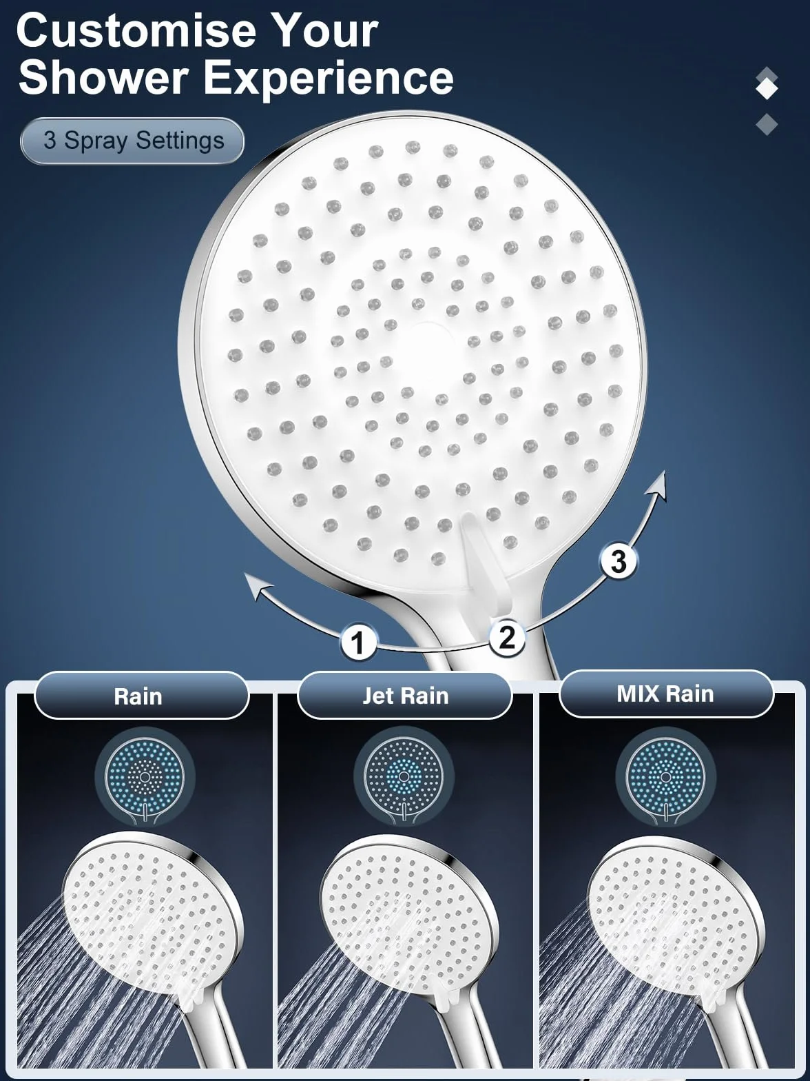 Pommeau De Douche Haute Pression YEAUPE PRO Avec Tuyau 1,6M - 3 Jets Anti Calcaire Chromé