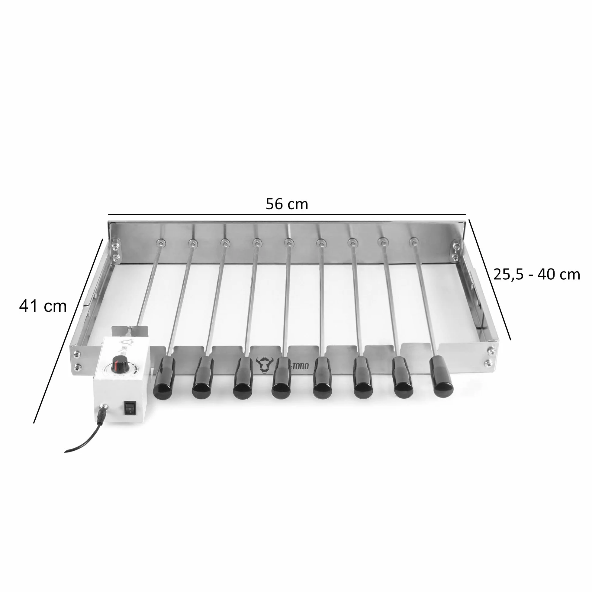 BBQ-Toro Tournebroche électrique - En acier inoxydable - Avec 9 brochettes et moteur - Taille réglable 56 x 26-40 cm - Prise d'alimentation et USB - Chachlyk Mangal - Broche pour rôtisserie