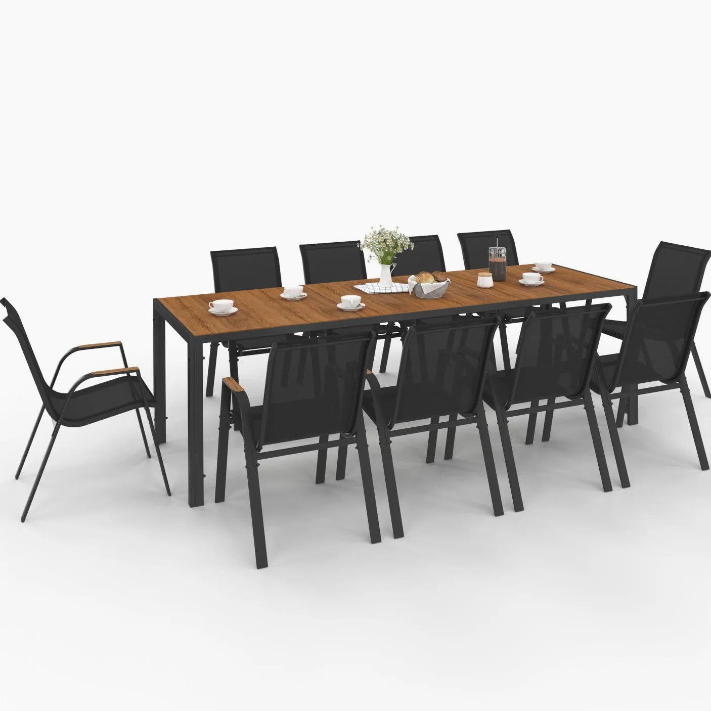 IDMarket - Salon de Jardin NOUMEA Table 240 cm Plateau Verre trempé Effet Bois et 10 chaises empilables Noir et Bois