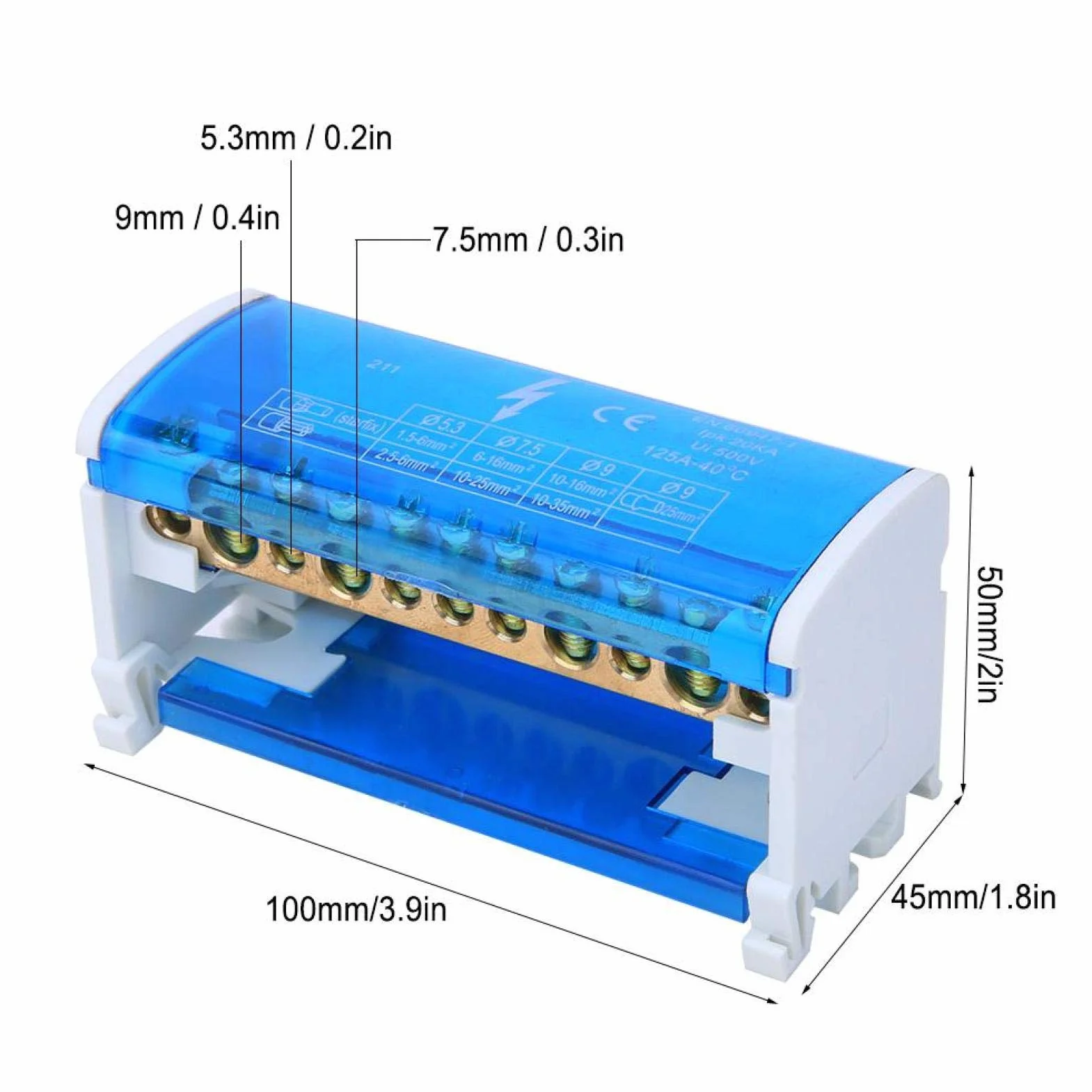 Boîte de Distribution de Bornes 125A 500V 2x11 Positions Rail DIN Monophasé 2 Niveaux avec Cache Anti-poussière