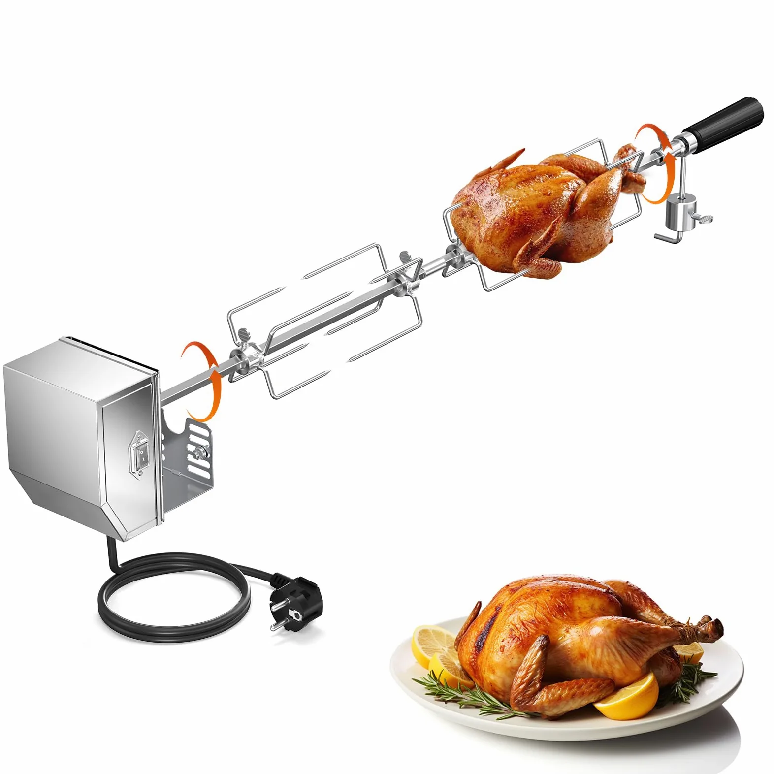 Tourne-broche électrique,tourne-broche automatique à 360°avec moteur 120V 4W, tige de broche de 34 à 42cm,4 fourchettes à viande, supports complets et vis de fixation pour barbecues de jardin