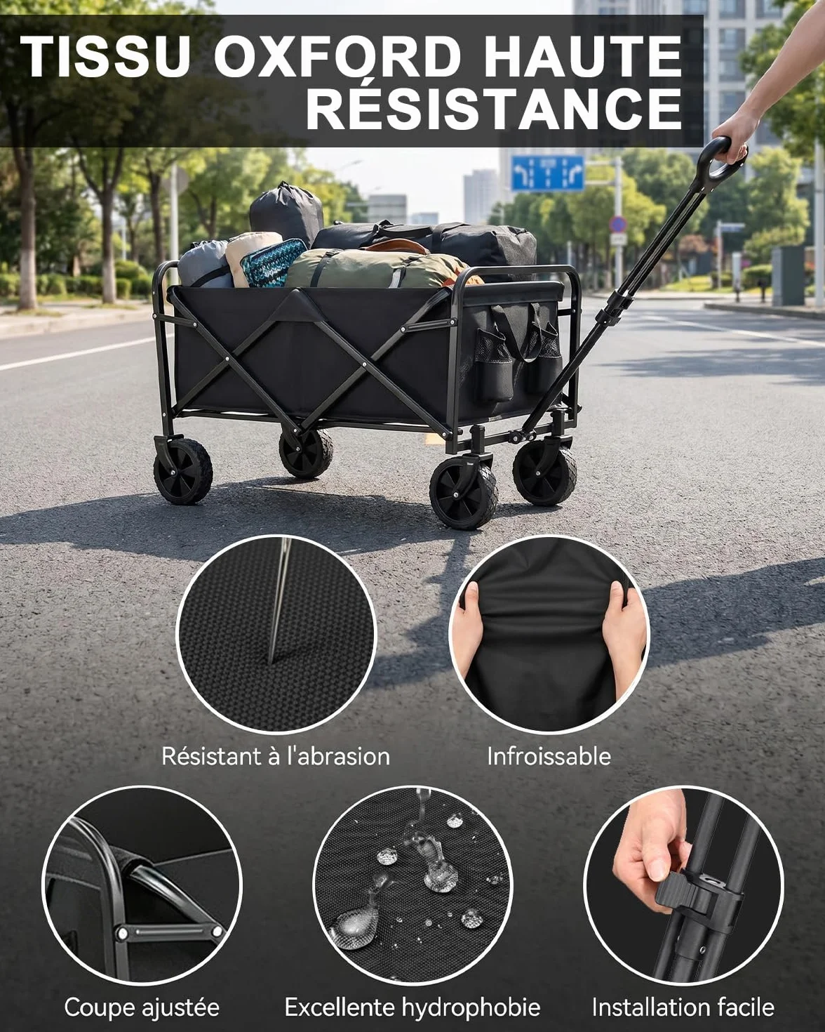 Chariot de Transport Pliable 113L Charge 120 kg 4 Roues Tout Terrain Détachables Poignée Télescopique