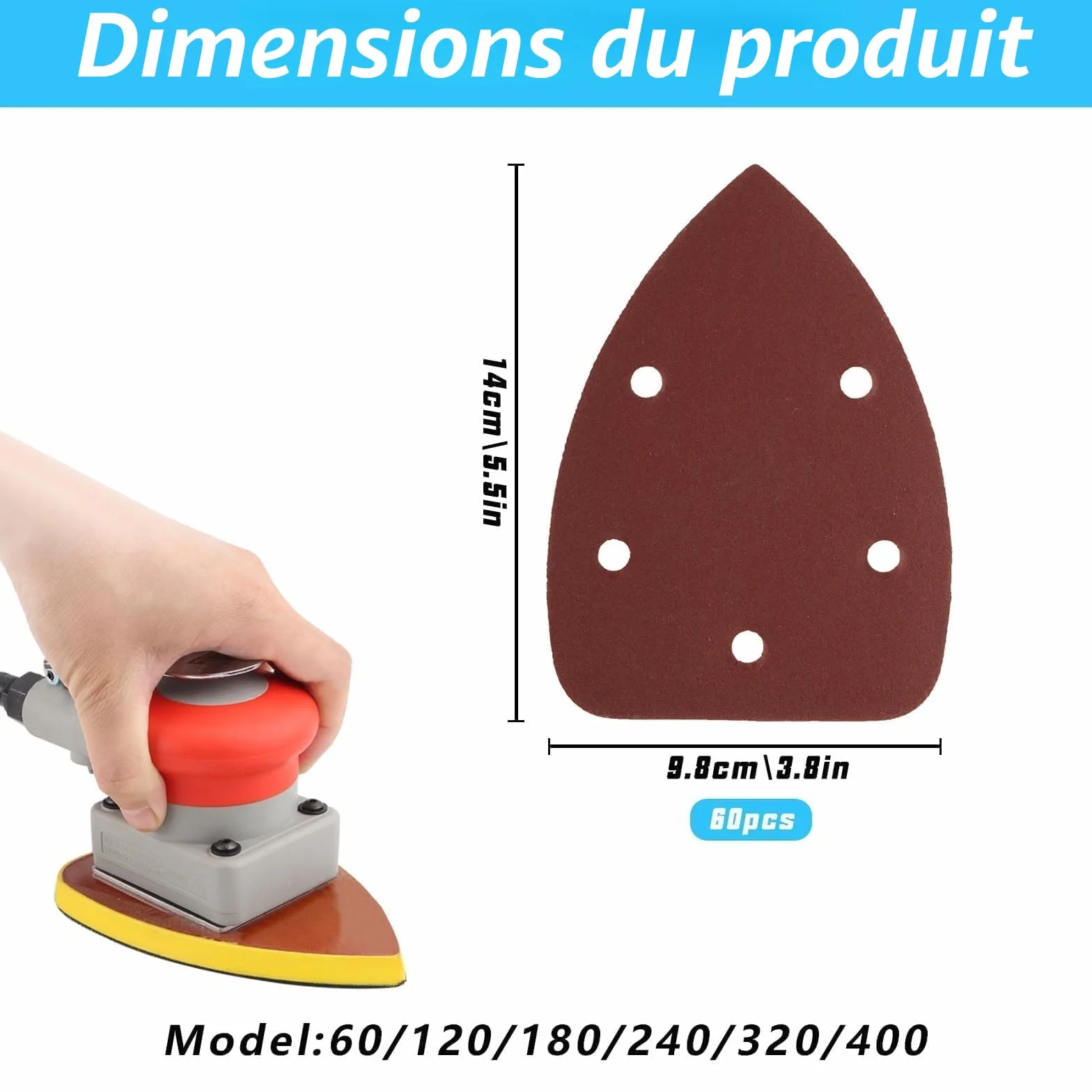 Papier de Verre Triangles de Ponçage 60 Pièces, 5 Trous Feuilles Abrasives Grain P40/80/120/180/240/320 pour Ponceuse Triangulaire