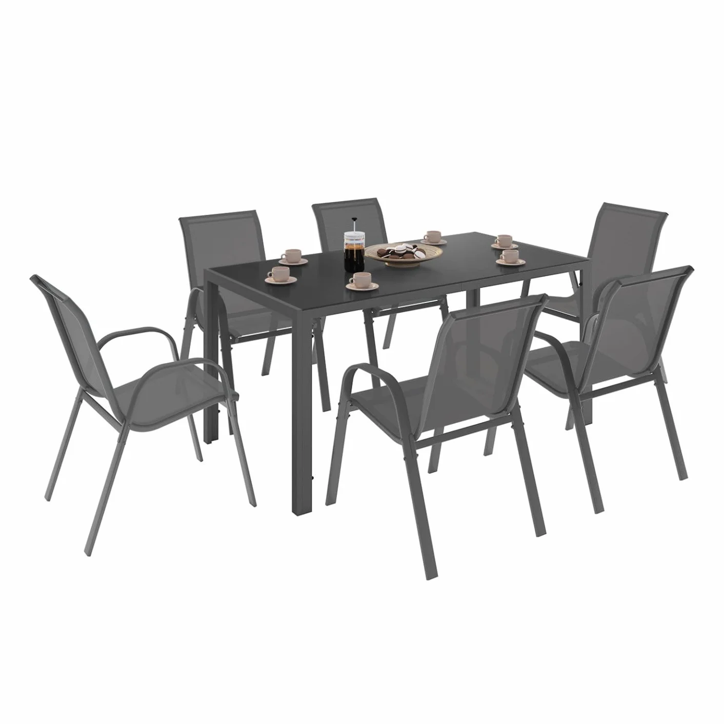 IDMarket - Salon de Jardin Madrid Table 150 CM et 6 chaises empilables Gris Anthracite
