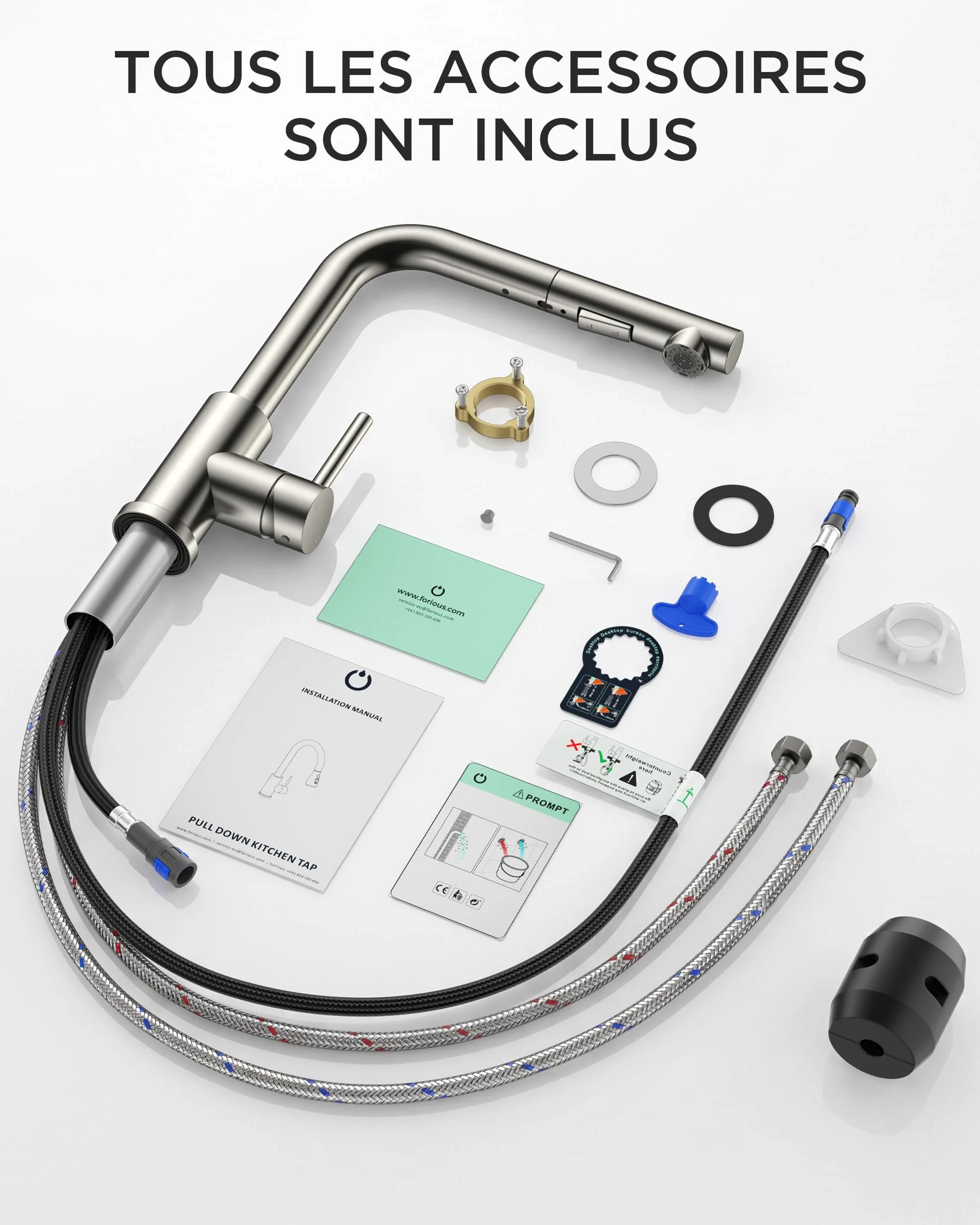 FORIOUS Robinet Cuisine Mitigeur avec Douchette Extractible 2 Modes Pivotant 360° Acier Inoxydable