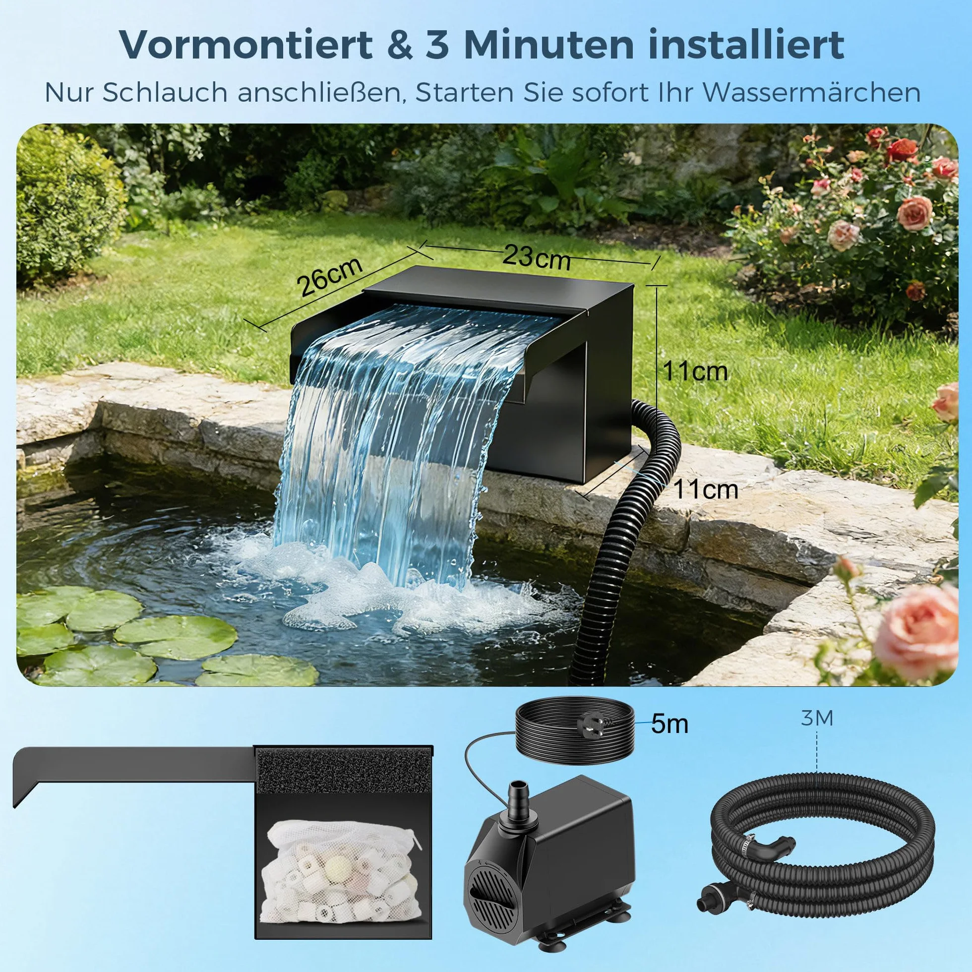 Biling Cascade pour Étang de Jardin avec Filtre, 20cm Acier Inoxydable, 40 W 2500 l/h Pompe de Bassin